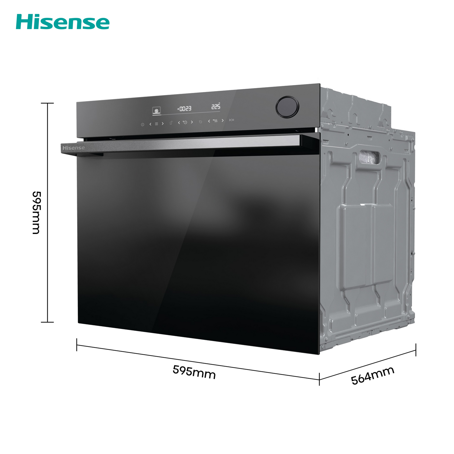 Un horno Hisense en gris con dimensiones etiquetadas, vista lateral.