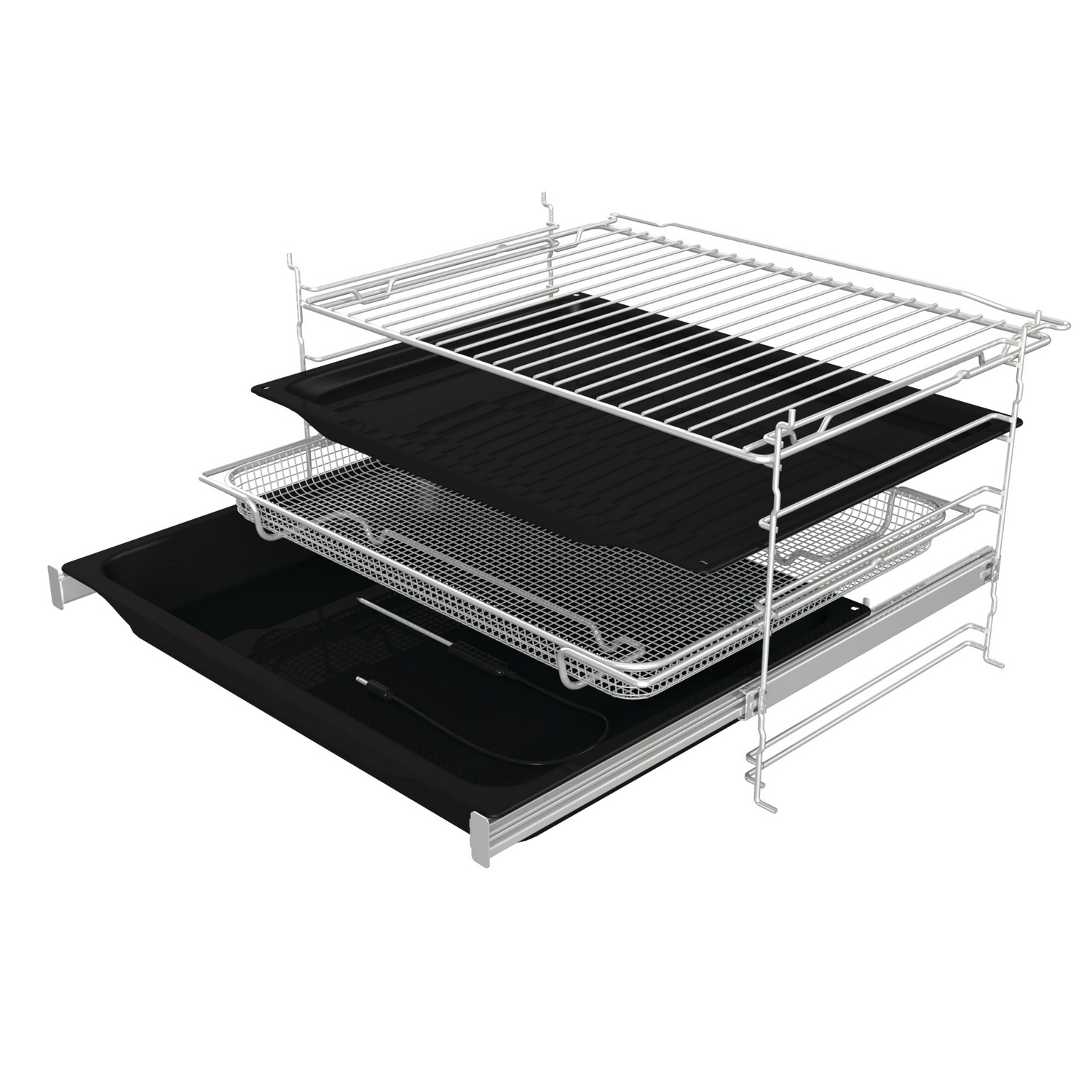 Una representación 3D de un sistema de estanterías metálicas con tres niveles y una bandeja.