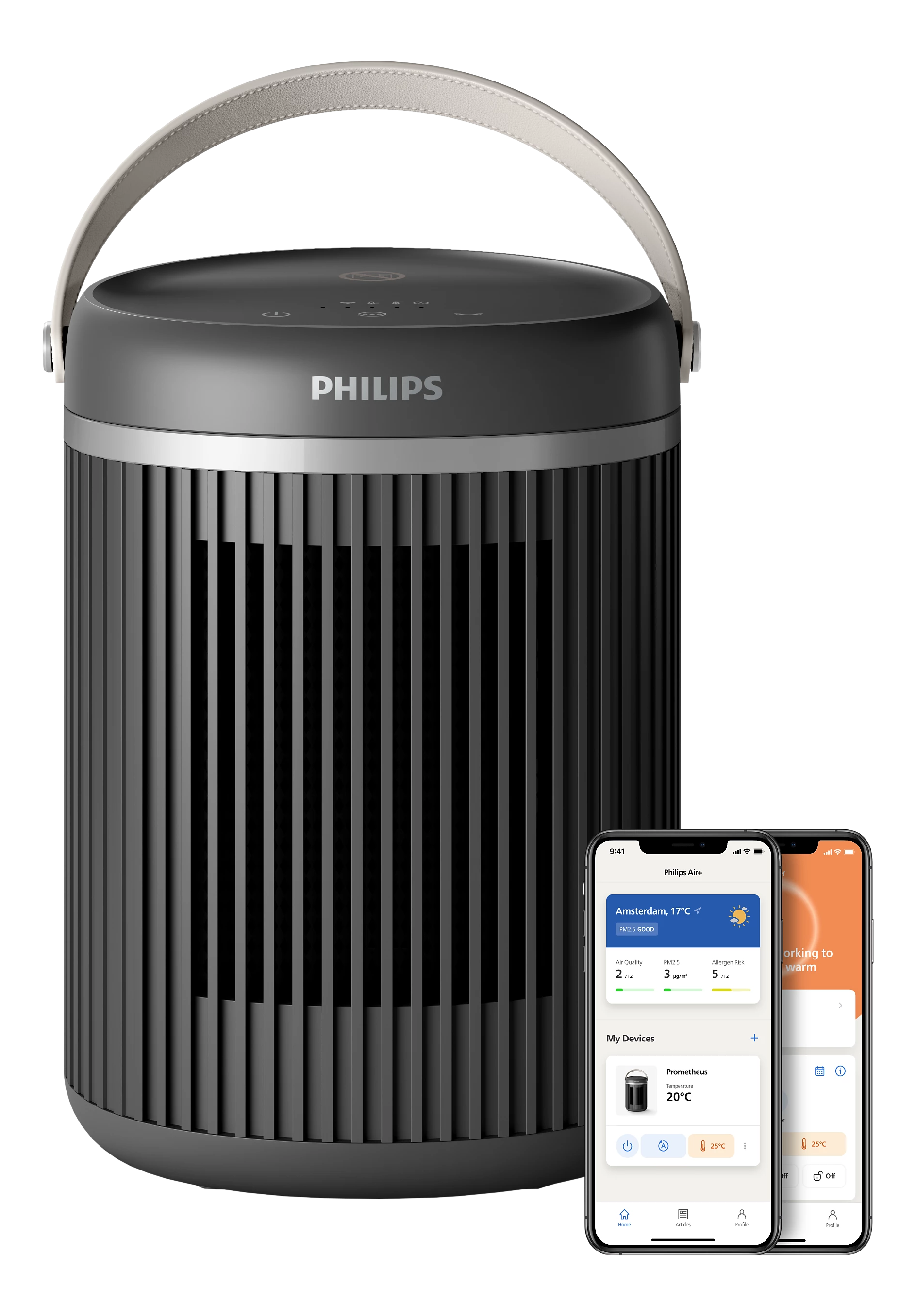 Purificatore d'aria Philips grigio scuro con maniglia e due smartphone su sfondo bianco.