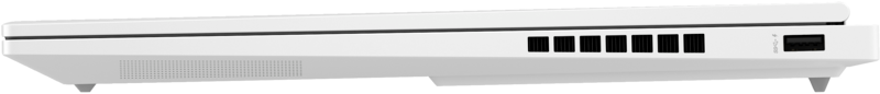 Fehér laptop oldalsó nézete. Szellőzőnyílások és USB port látható.
