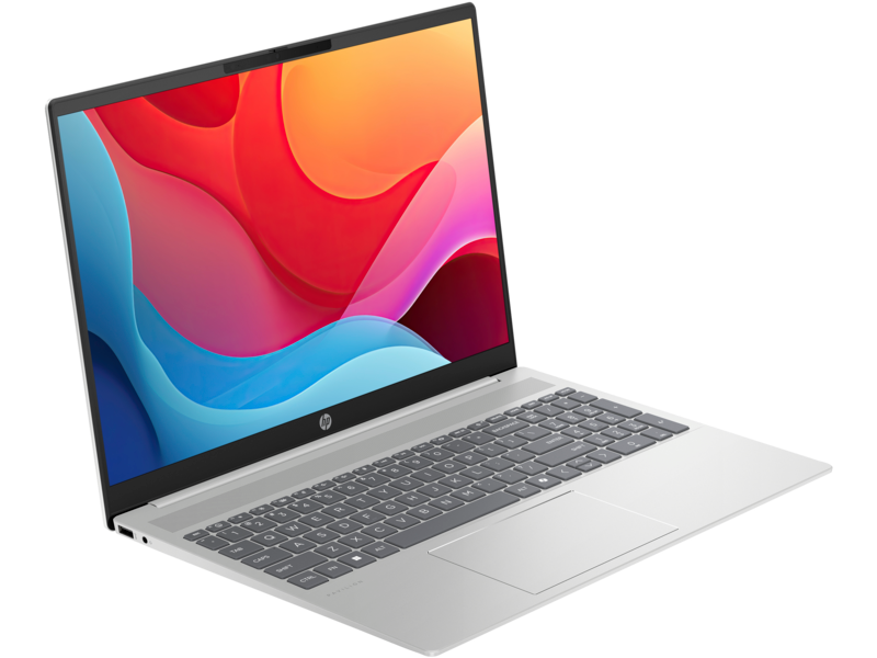Ezüst laptop színes absztrakt kijelzőt mutat.