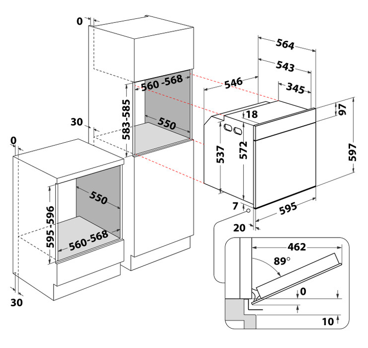Diagram a sütő méreteiről és méréseiről.