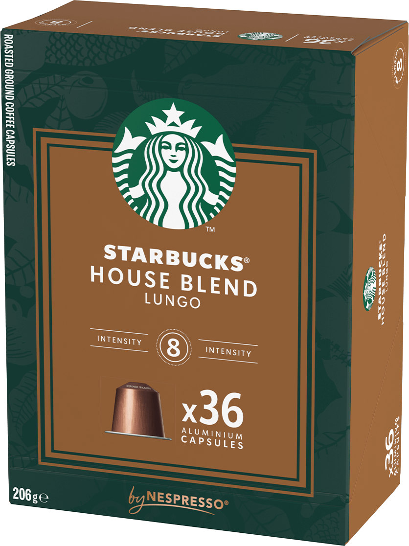 Scatola di capsule di caffè Starbucks House Blend Lungo. Scatola marrone con logo.