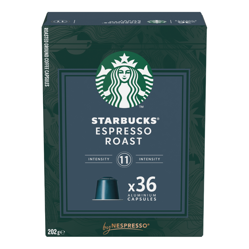 Starbucks Espresso Roast Kaffeekapseln in einer dunkelgrünen Box.