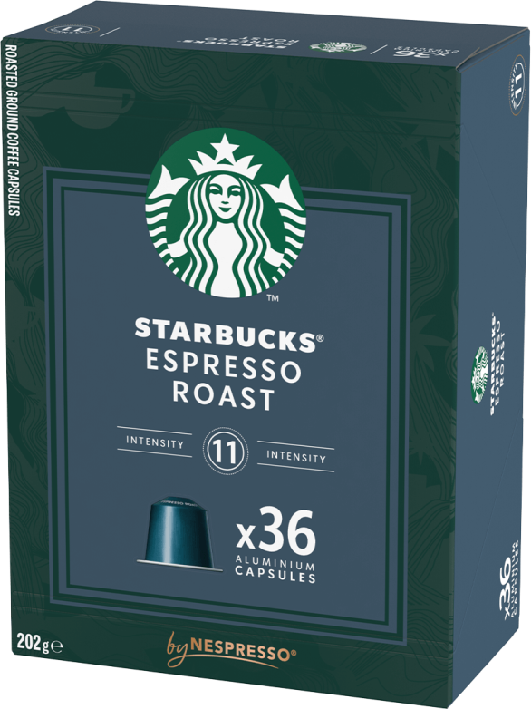 Schachtel mit Starbucks Espresso Roast Kapseln. Grün und dunkelblau. Starbucks Logo sichtbar.