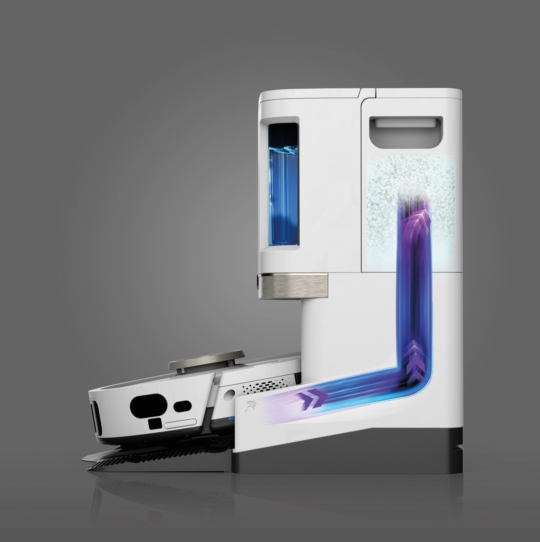 Robot aspirateur blanc avec station de charge. Les flèches montrent le processus de nettoyage et la collecte de poussière.
