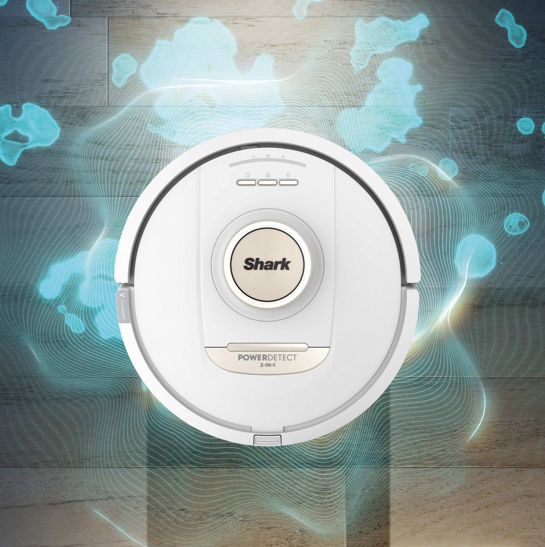 Aspirateur robot Shark blanc sur parquet avec ondes d'énergie bleues.
