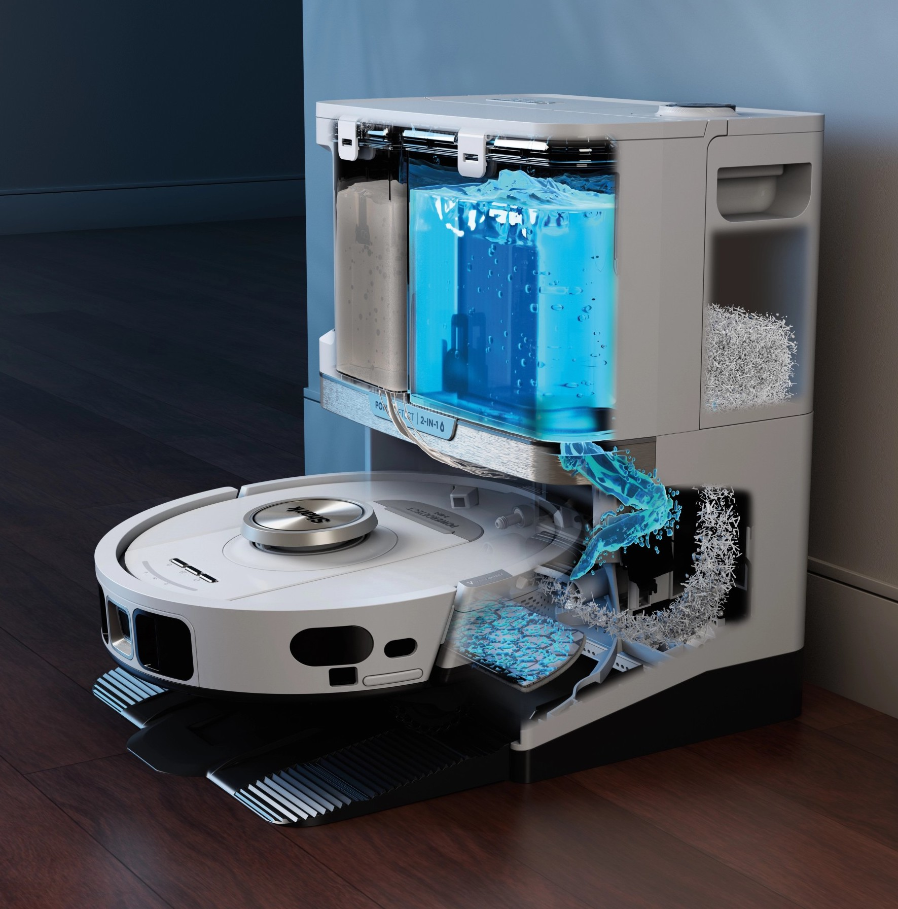 Aspirateur robot avec réservoir d'eau et système de nettoyage, vue en coupe.