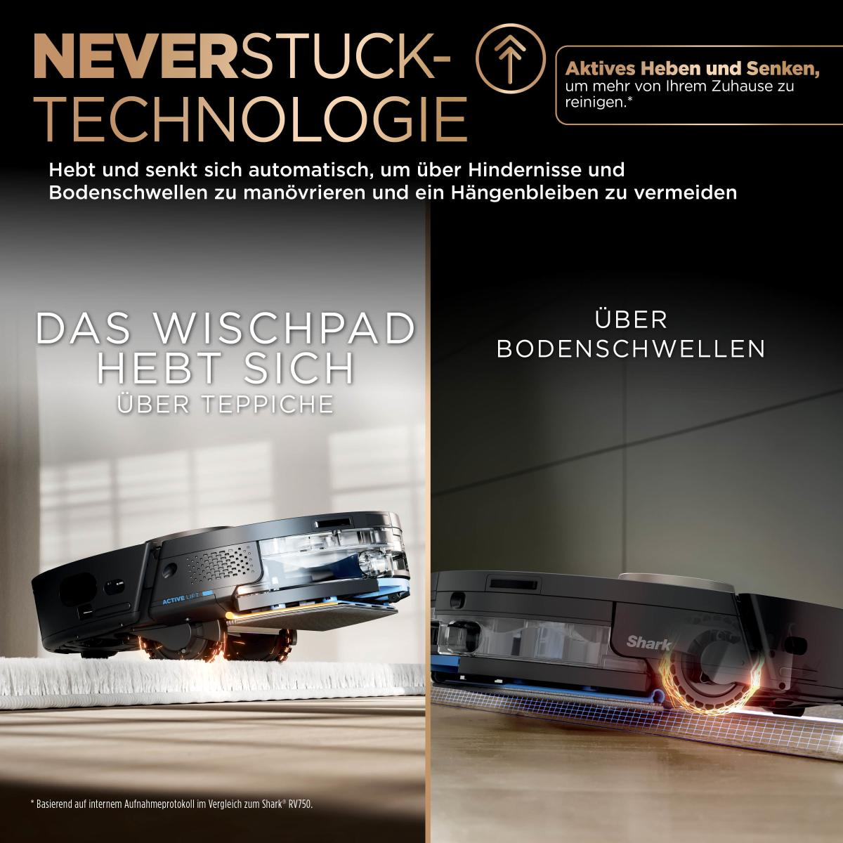 Aspirateur robot avec texte: NeverStuck Technology. Il nettoie, montrant des détails.