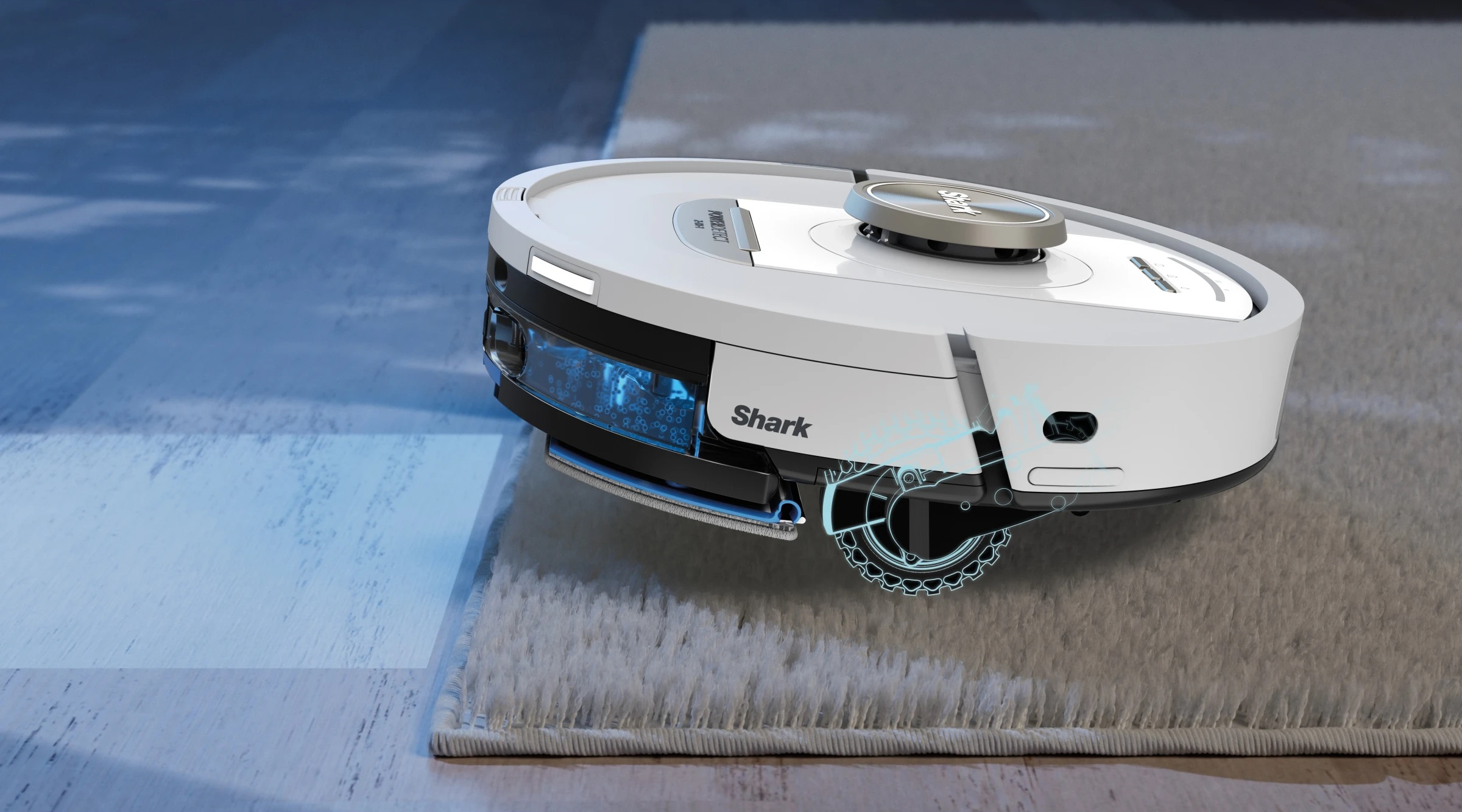 Aspirateur robot blanc et gris sur tapis, nettoyant. Lignes bleues montrent le mécanisme.