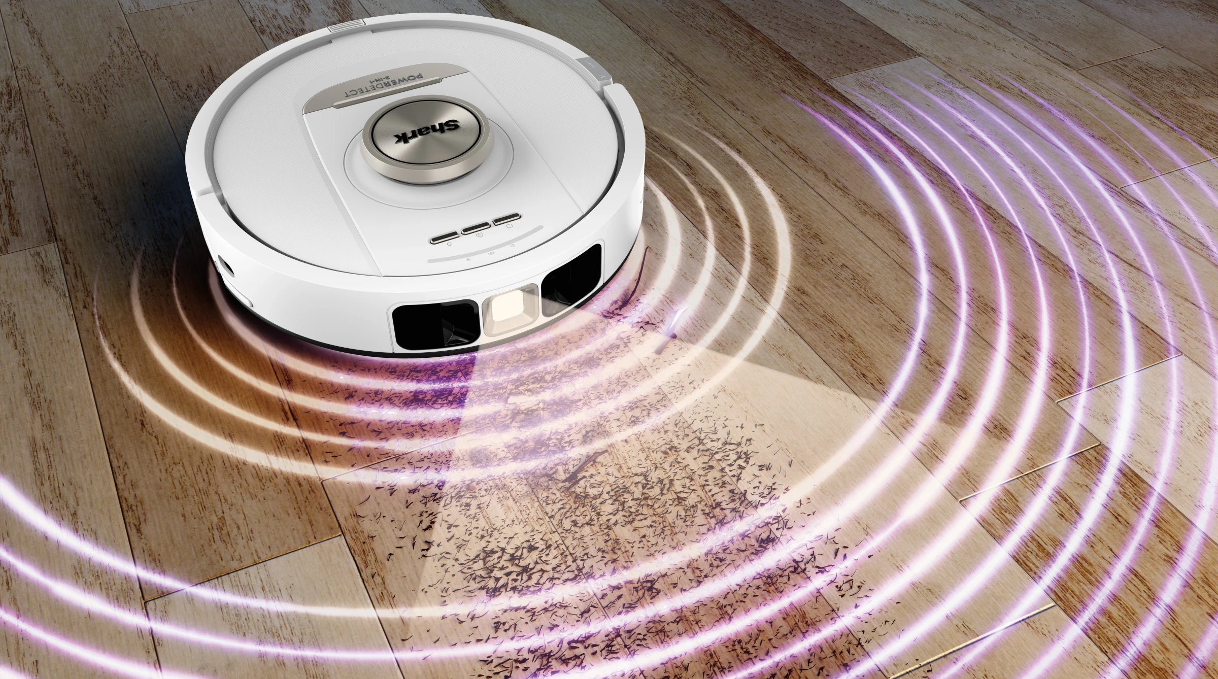 Aspirateur robot blanc nettoyant un plancher en bois. Lignes violettes en forme d'onde montrent le chemin.