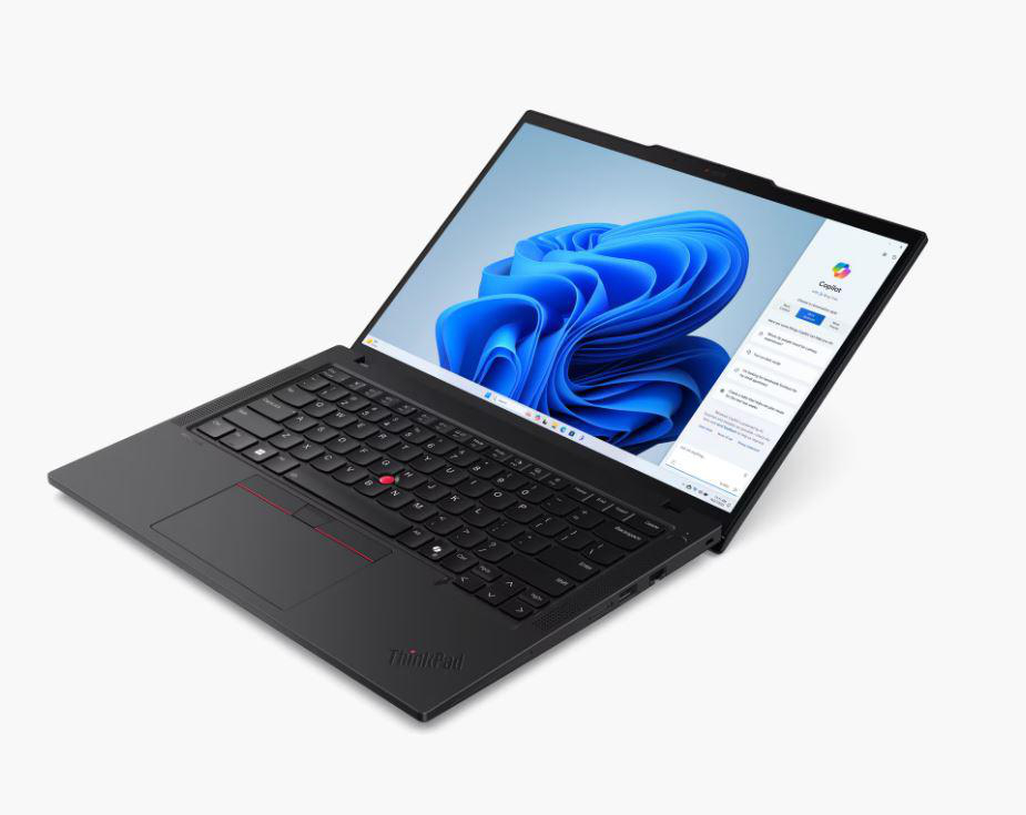 Schwarzer Laptop auf weißer Oberfläche, Bildschirm an.