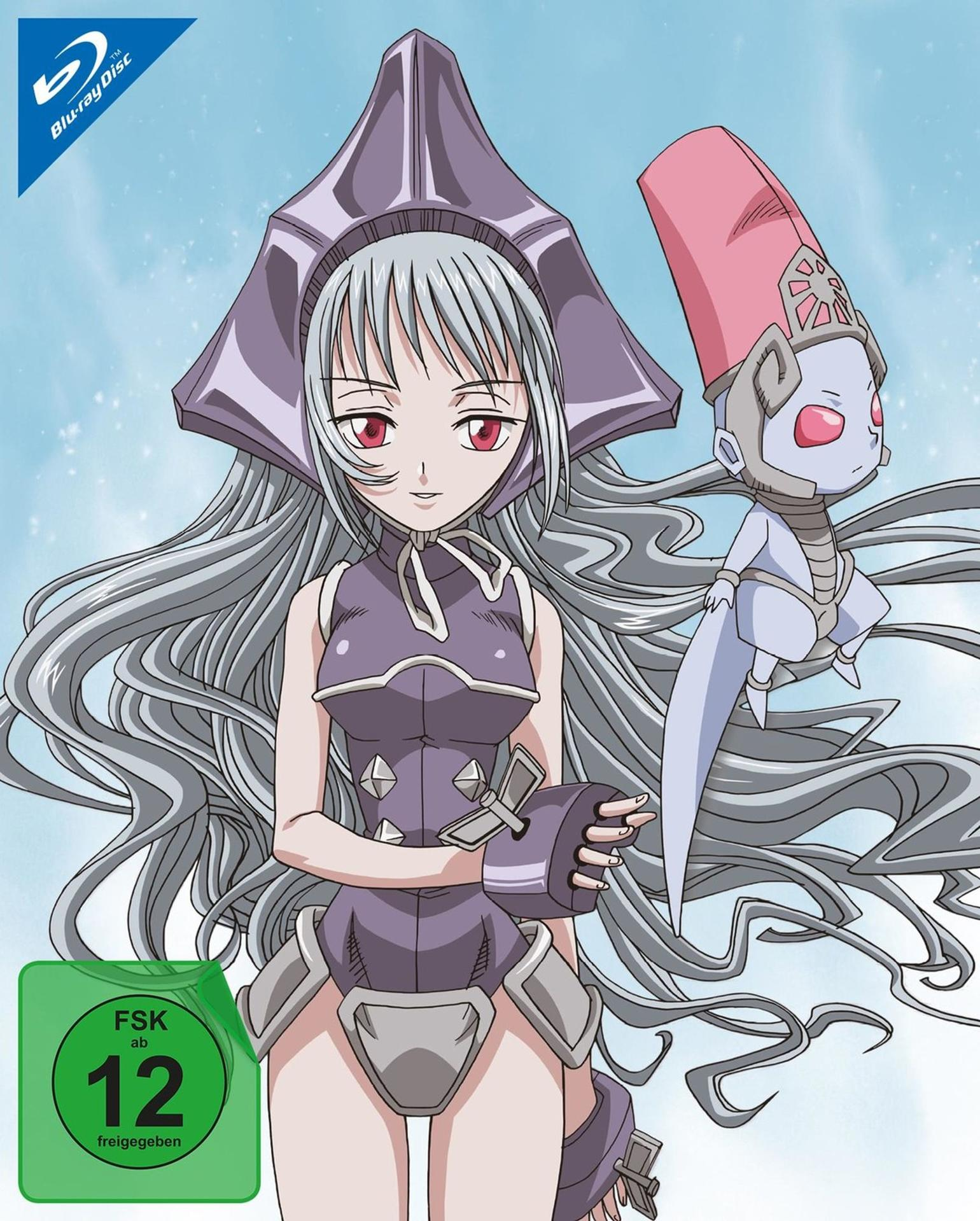 Anime-DVD-Cover: Weiblicher Charakter mit langen silbernen Haaren, kleiner Roboter.