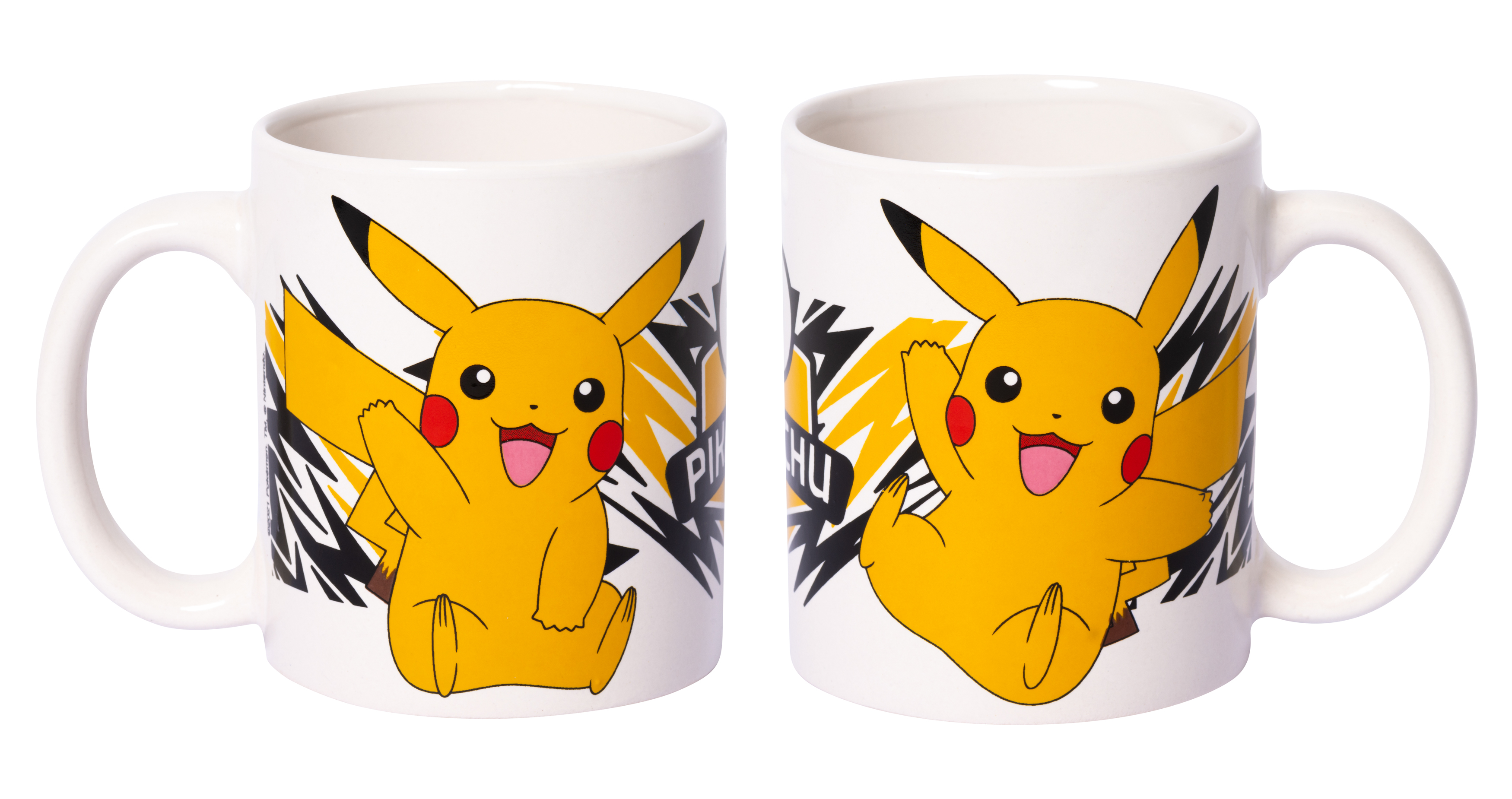 Zwei Ansichten eines Pikachu-Bechers mit der Pokemon-Figur.