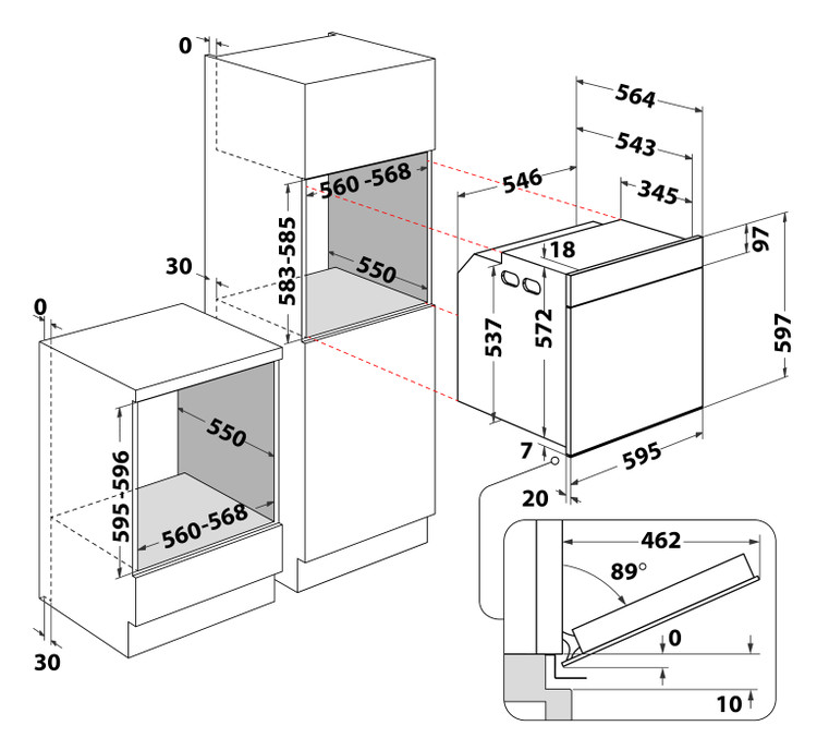 Egy beépített sütő diagramja és méretei.