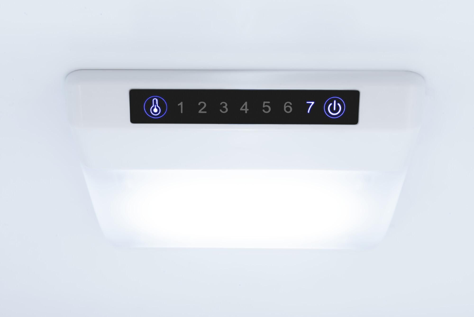 Kühlschrank-Bedienfeld mit Temperatur- und Einschalttasten, blau beleuchtet.
