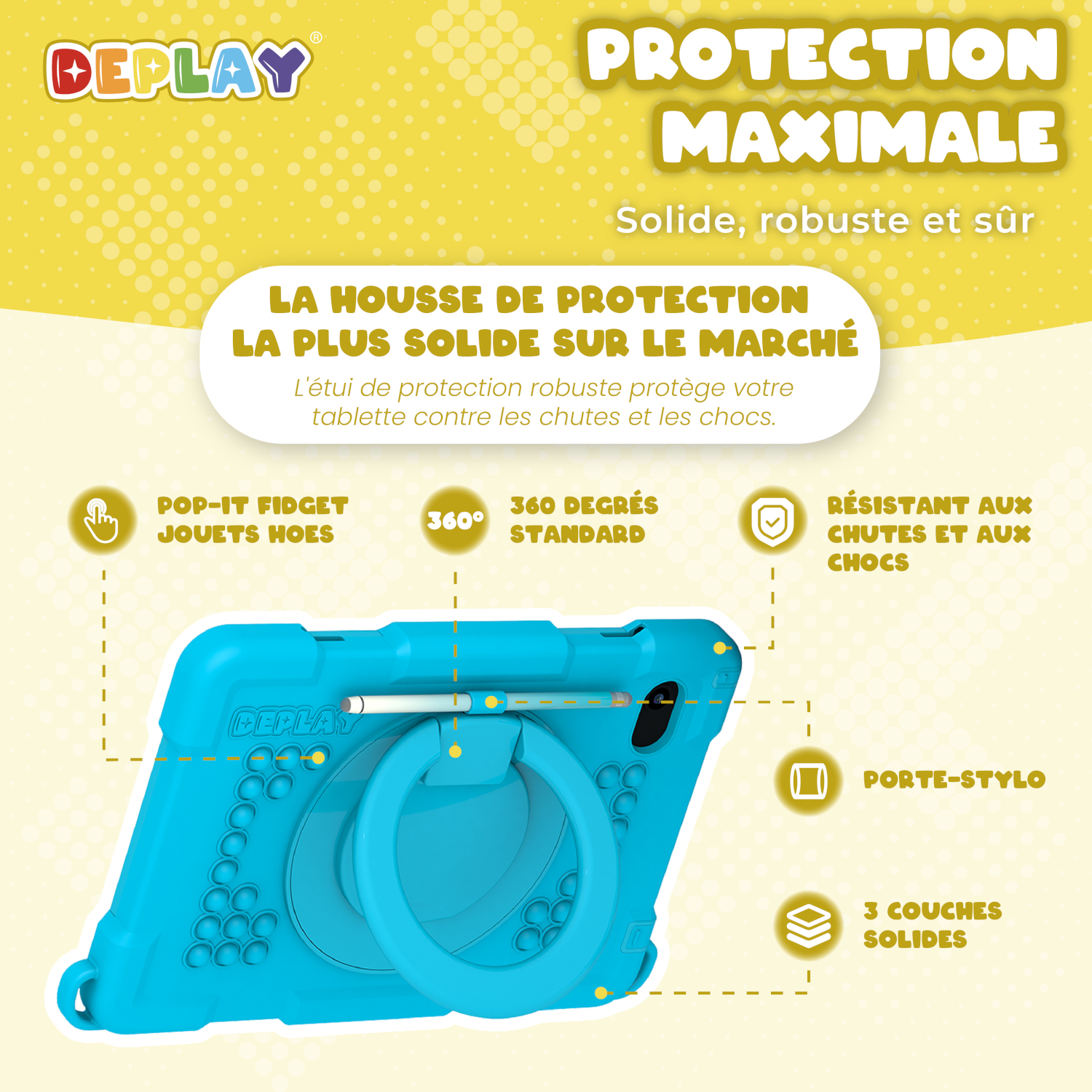 Un étui de tablette bleu avec un porte-stylo et un anneau.