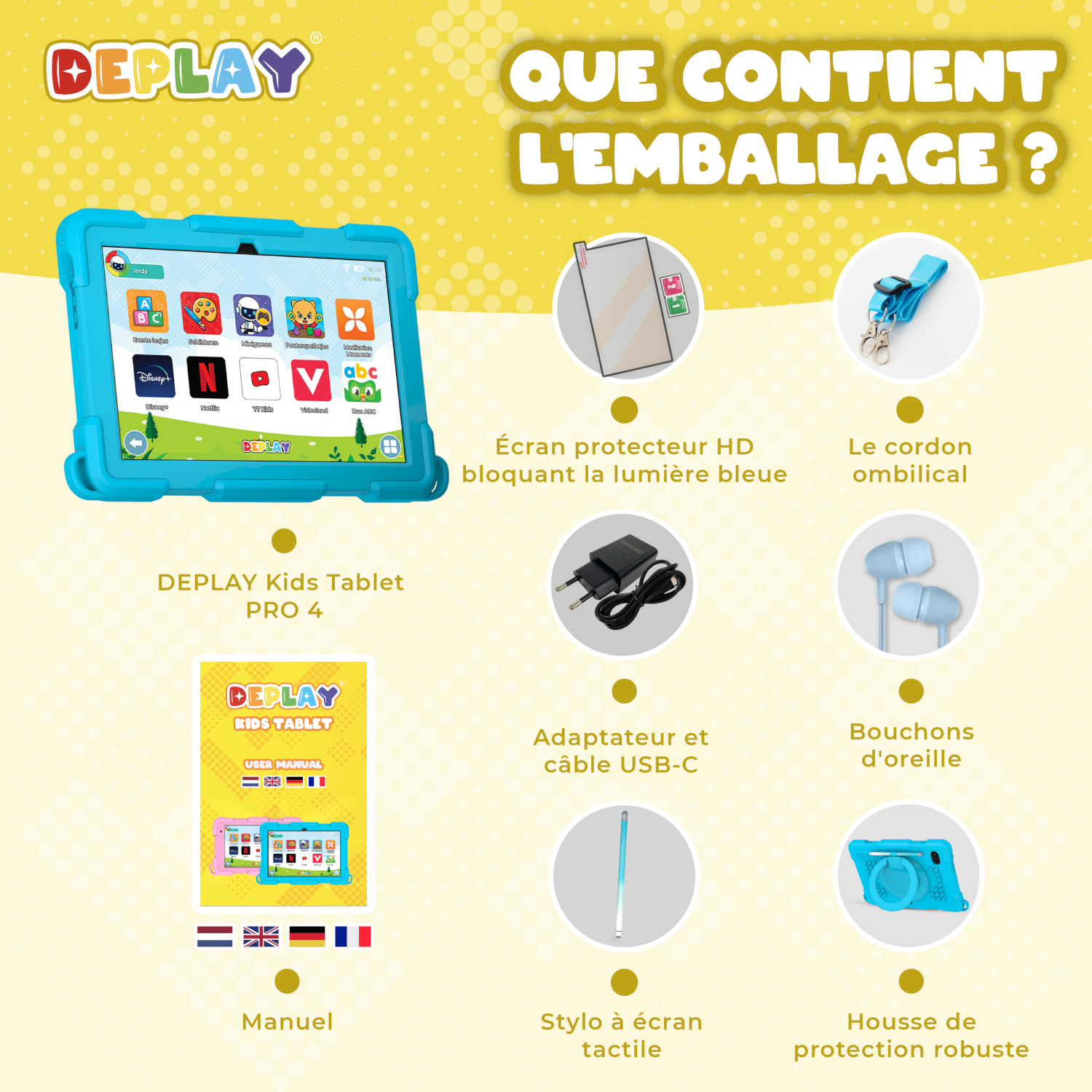 Une tablette bleue avec des accessoires, dont un stylet, un protecteur d'écran et des écouteurs.