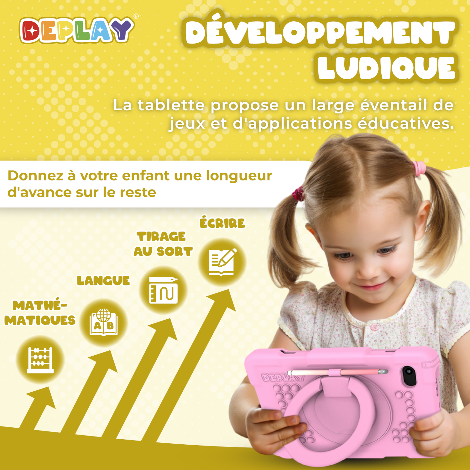 Une fille regardant une tablette avec des icônes et des flèches pointant vers des icônes éducatives.