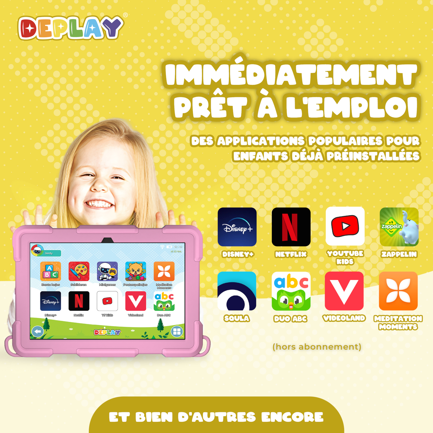 Un enfant souriant tenant une tablette rose avec des applications préinstallées comme Netflix et Disney+.