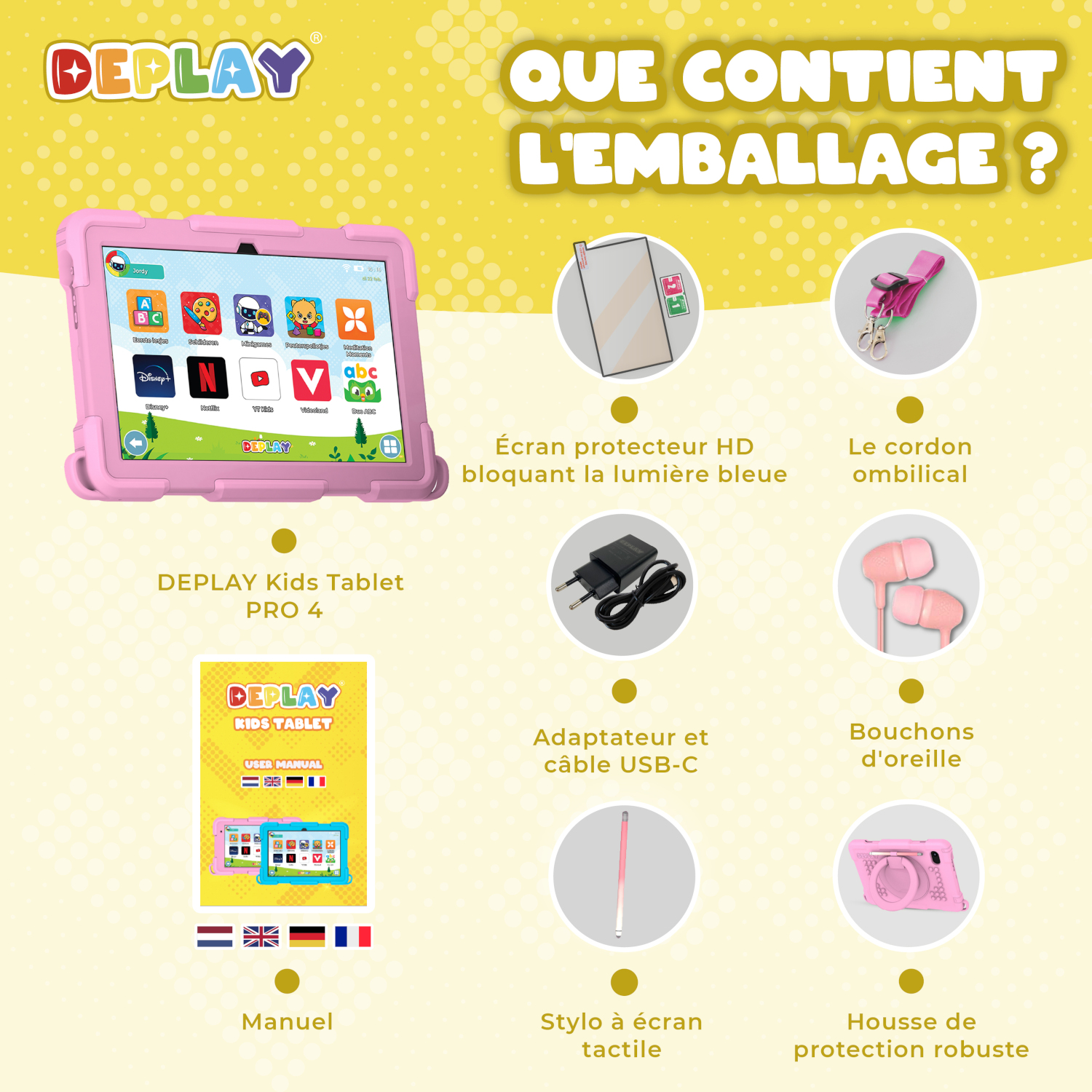 Tablette rose avec accessoires, texte en français.