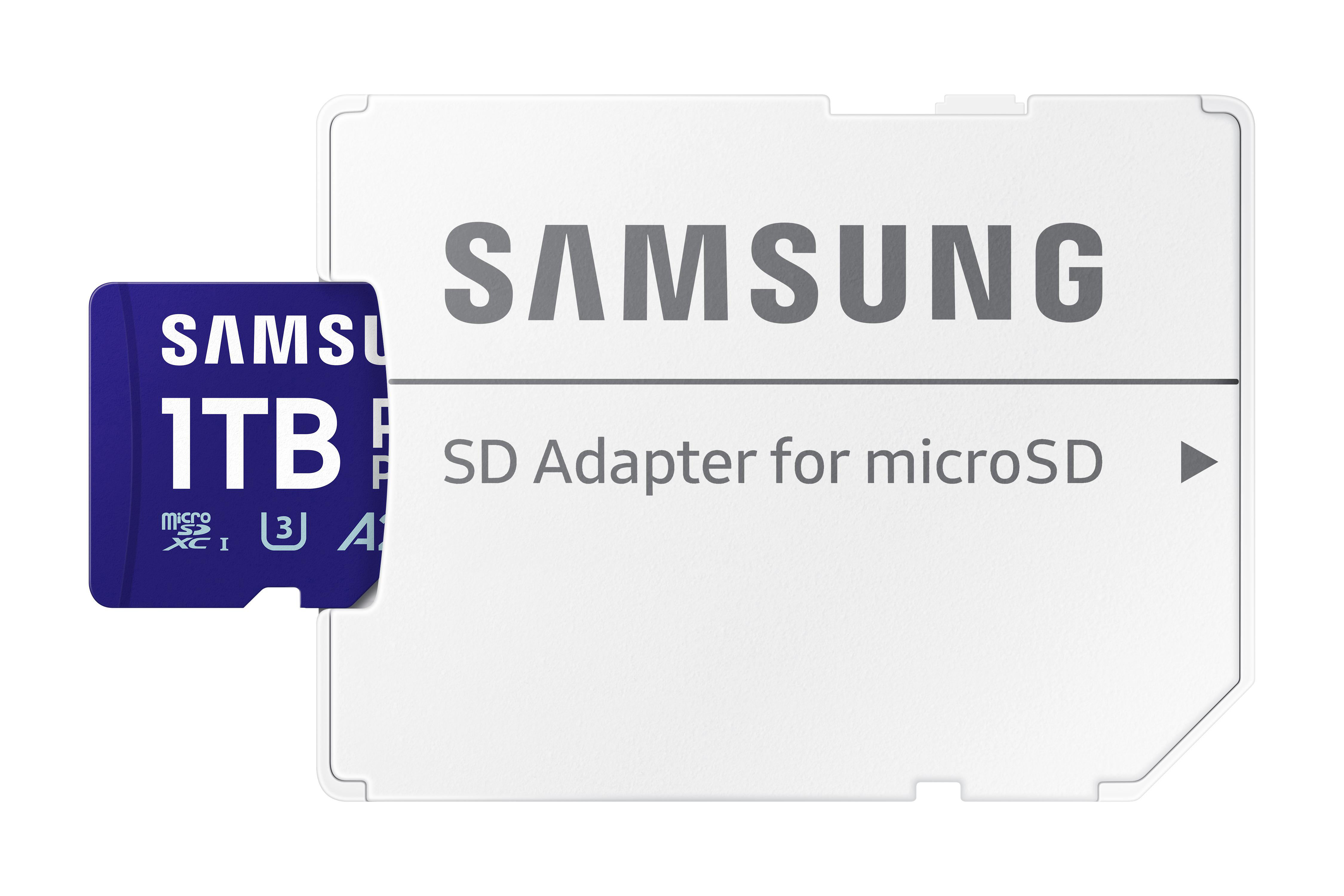 Samsung 1TB Pro Plus SD-Karte mit Adapter auf weißem Hintergrund.
