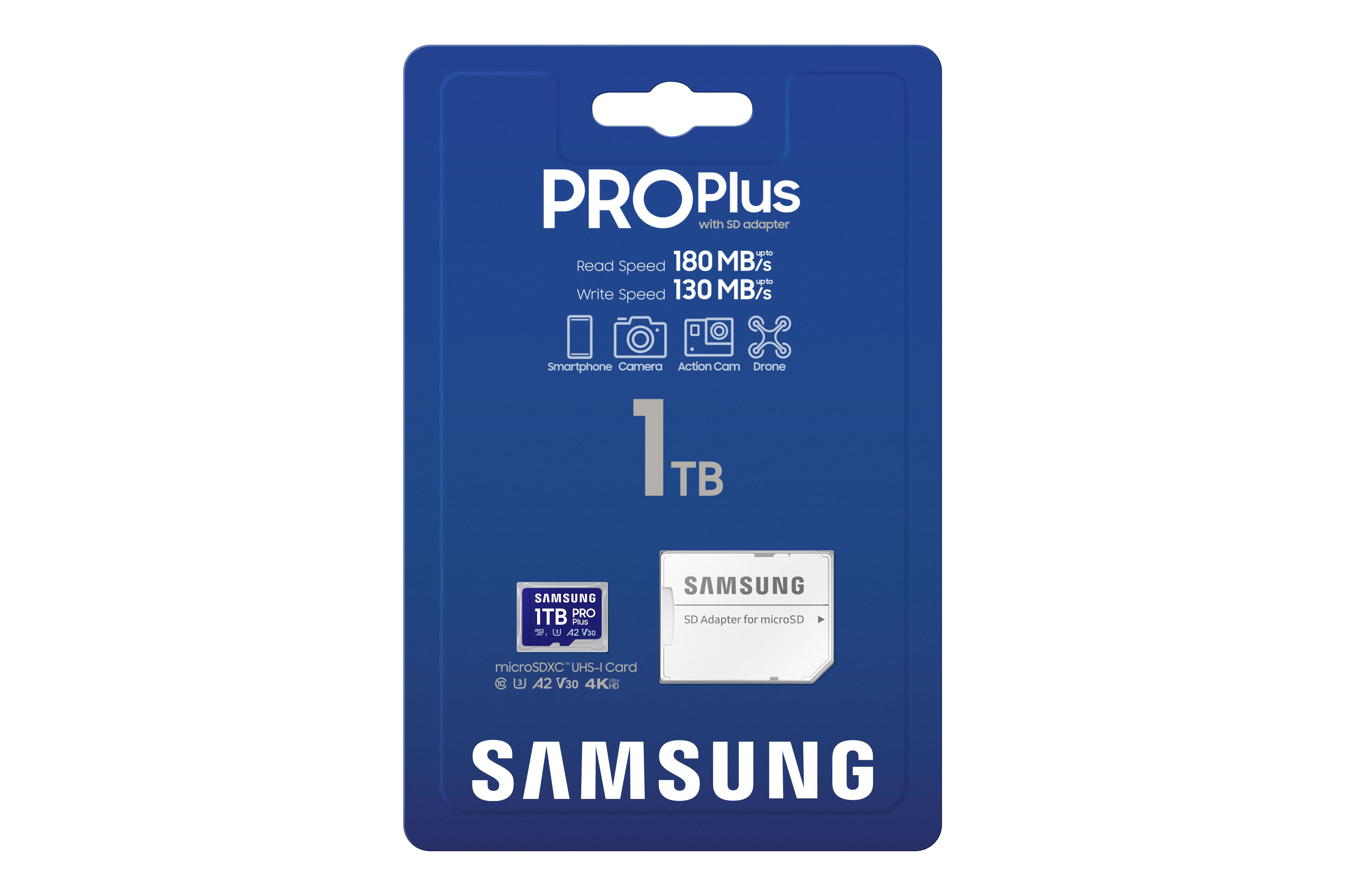 Blaue Samsung 1TB Pro Plus SD-Kartenverpackung mit Adapter, Spezifikationen und Logo.