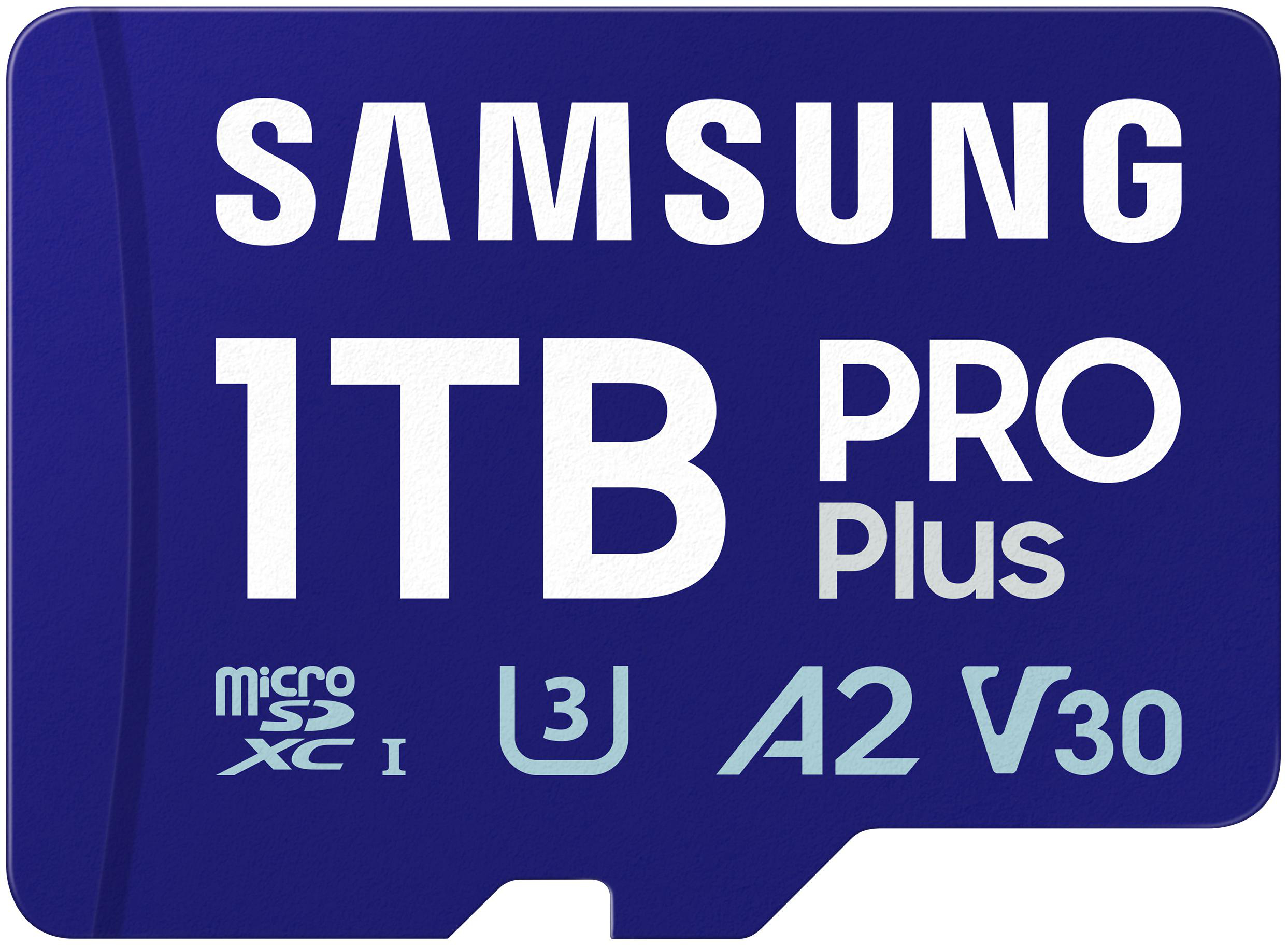 Blaue Samsung 1TB PRO Plus MicroSD-Karte mit weißem Text.