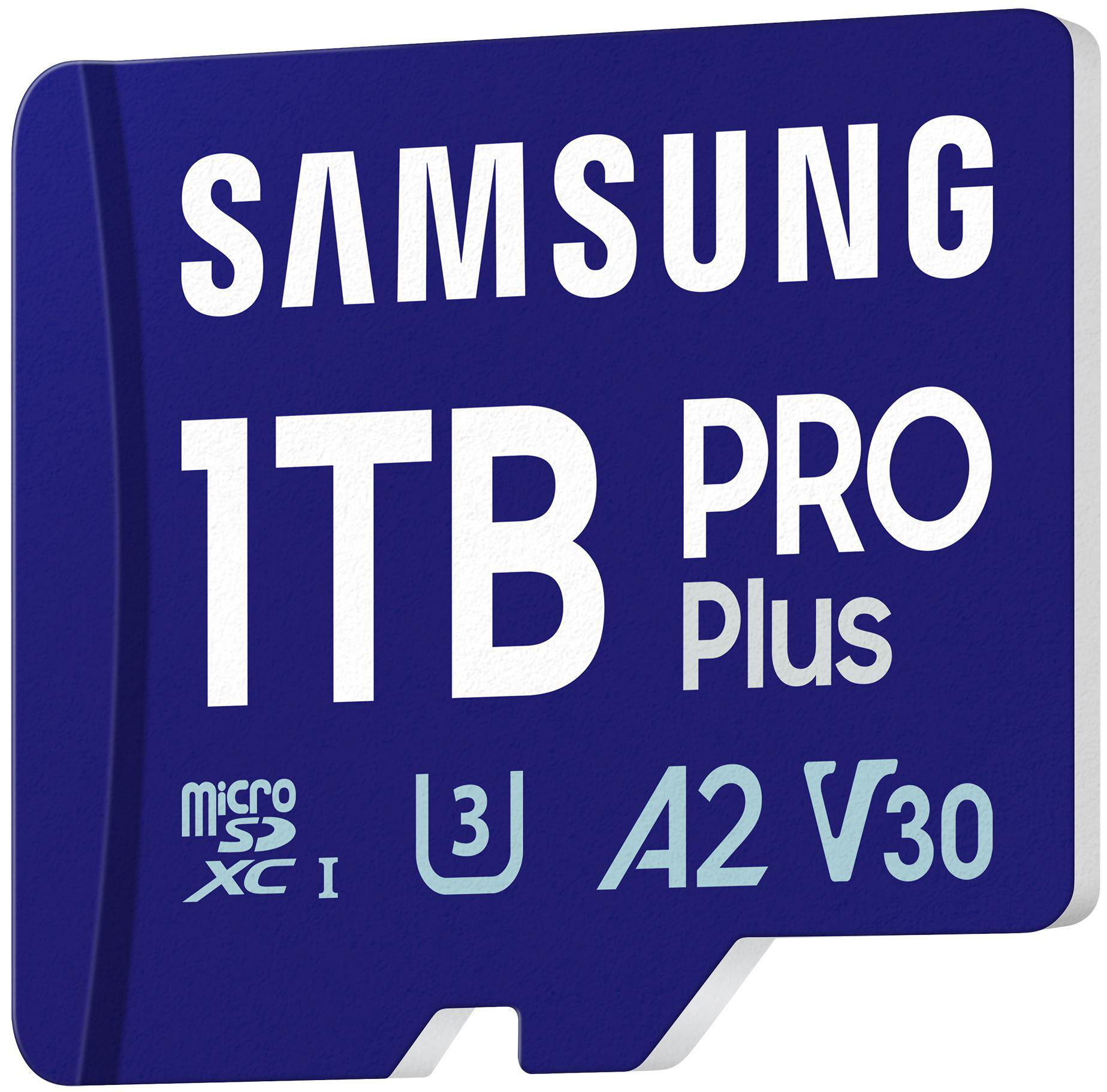 Samsung 1TB PRO Plus microSD-Karte. Dunkelblaue Karte mit weißem Text und Logos auf weißem Hintergrund.