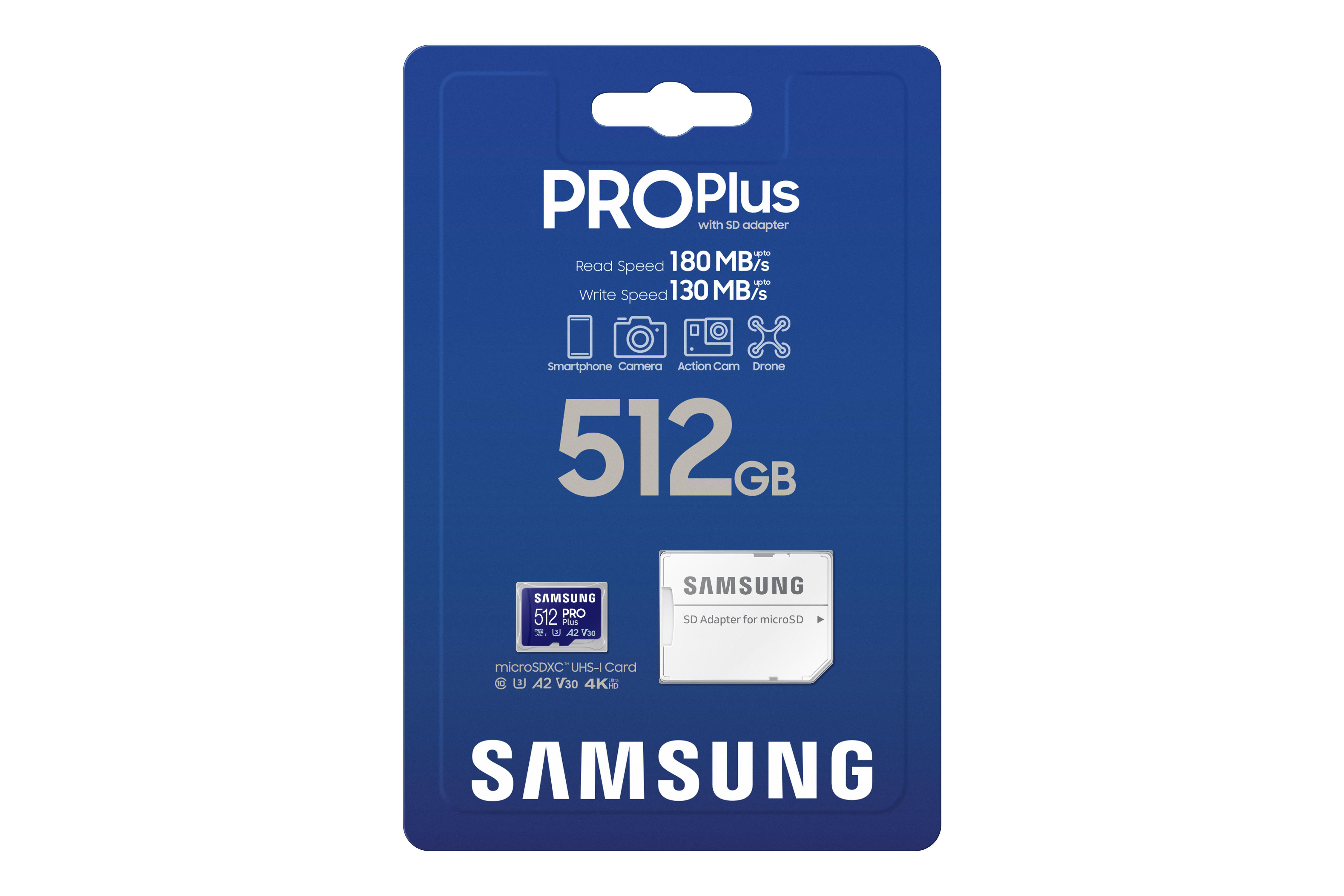 Blaue Samsung PRO Plus Verpackung, mit einer 512 GB microSD-Karte und Adapter. Mit Lese-/Schreibgeschwindigkeitsangaben.