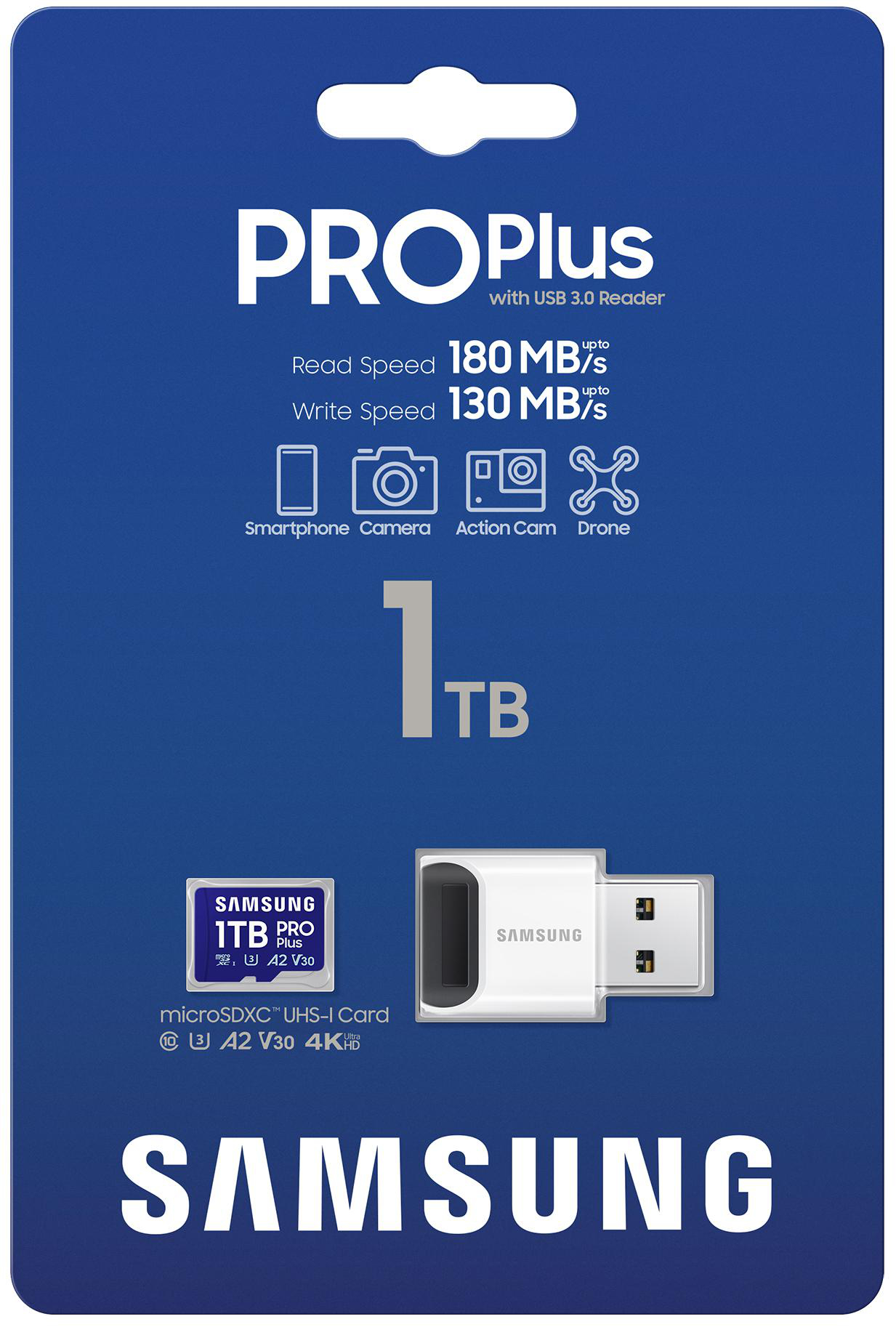 Samsung Pro Plus 1TB microSD-Karte. Mit USB 3.0-Leser. Blaues und weißes Farbschema.