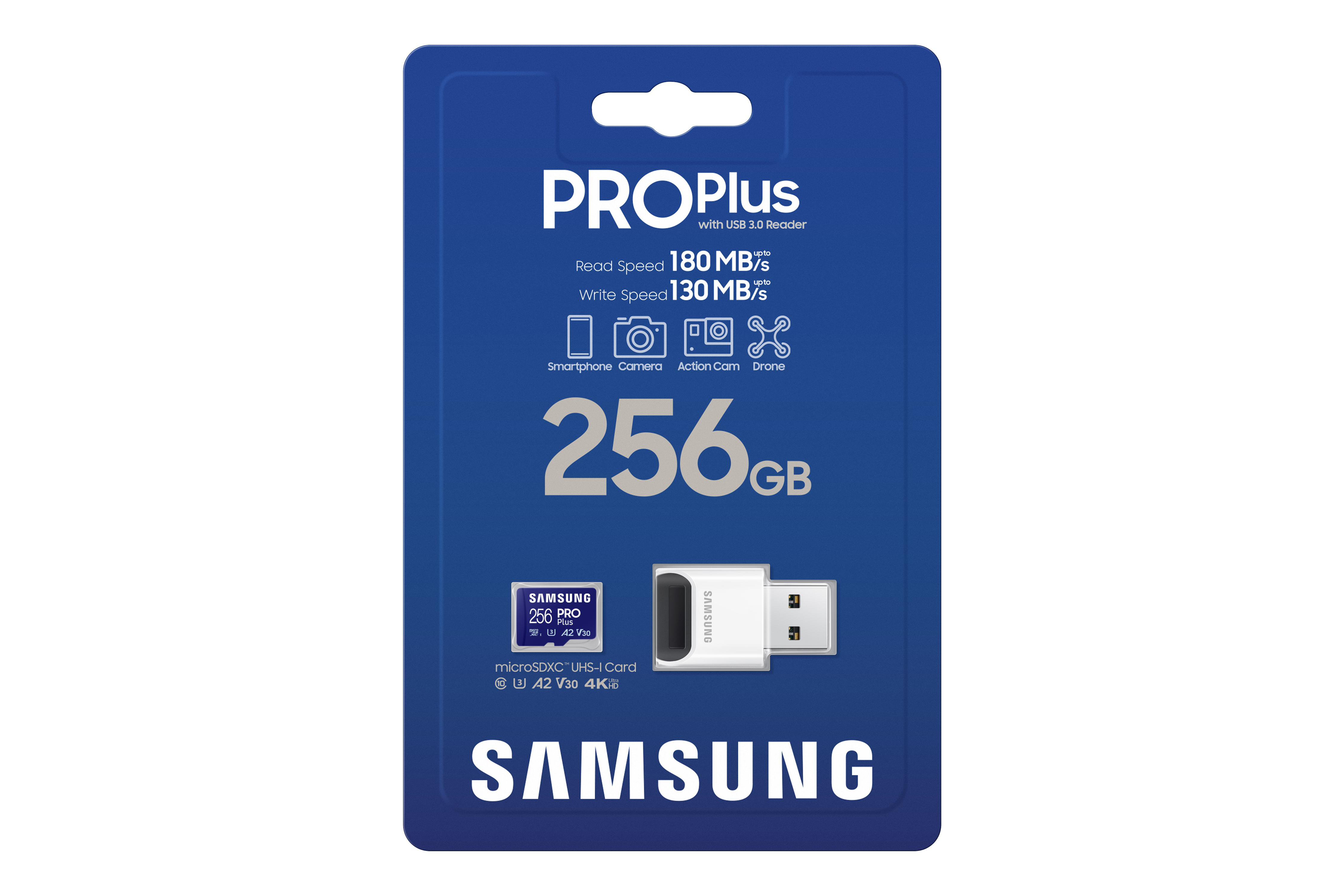 Eine blau-weiße Samsung Pro Plus MicroSD-Kartenverpackung.