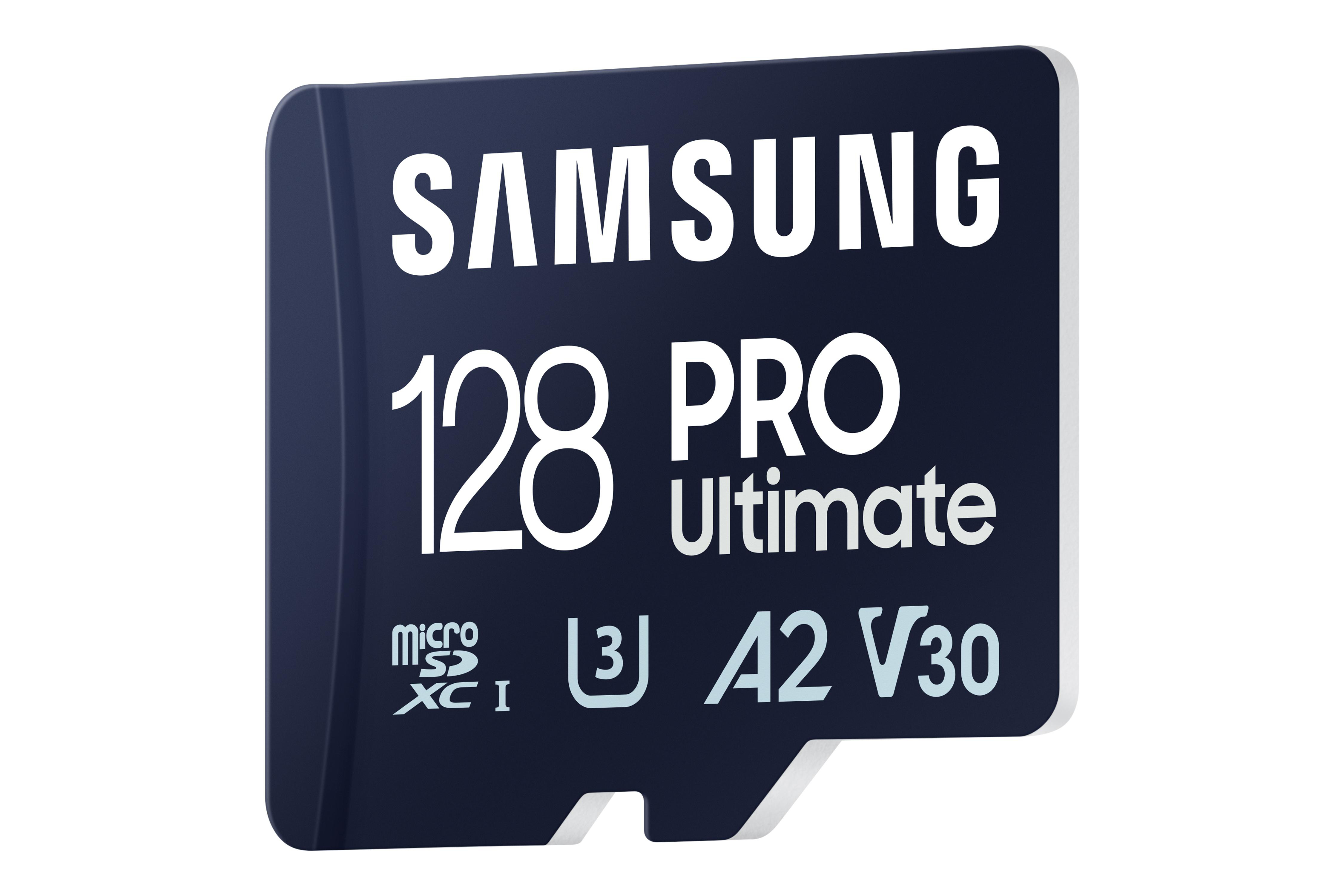 Eine Samsung 128 PRO Ultimate microSD-Karte mit blauem und schwarzem Design.