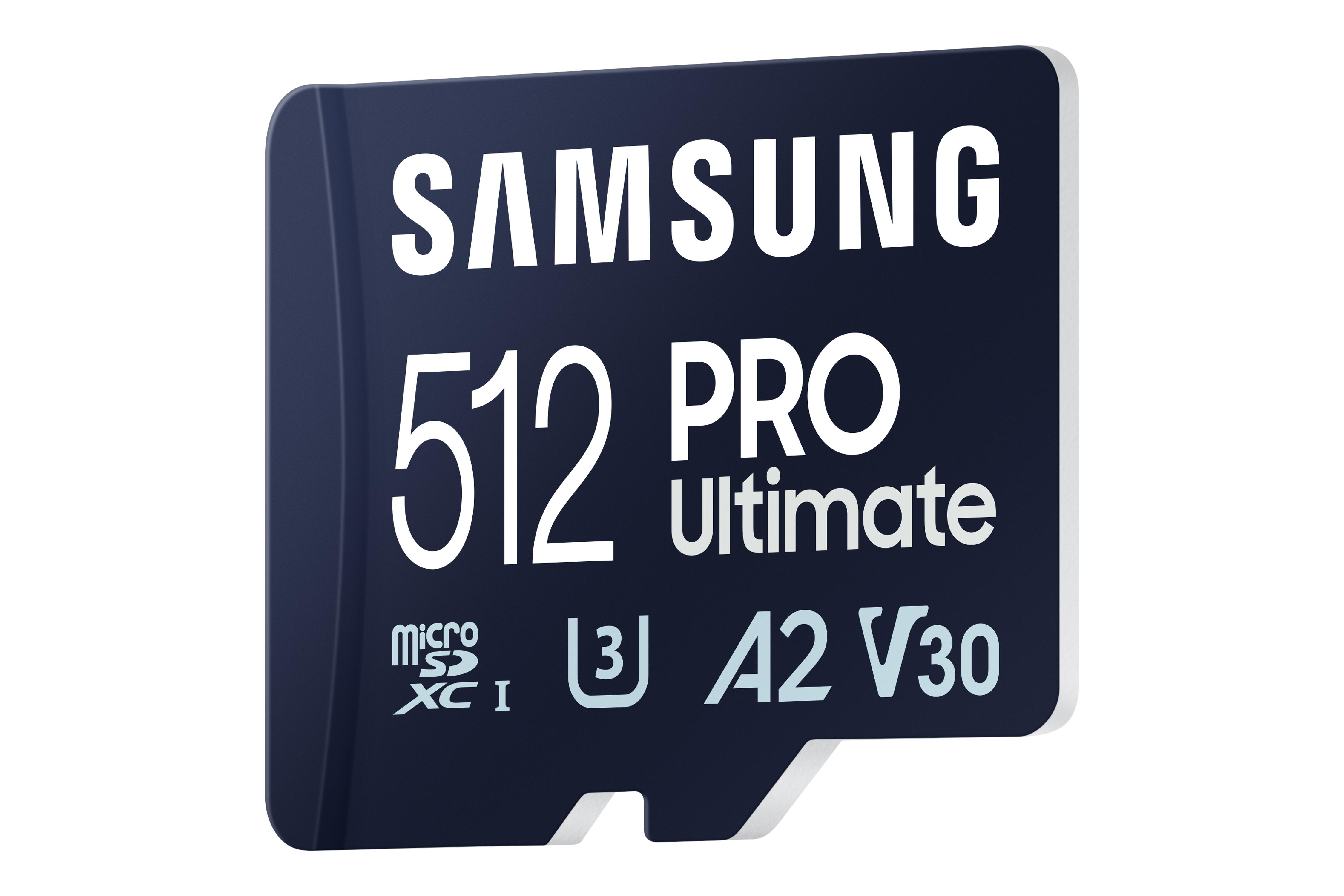 Eine blaue Samsung 512 PRO Ultimate microSD-Karte mit weißem Text. Weißer Hintergrund.
