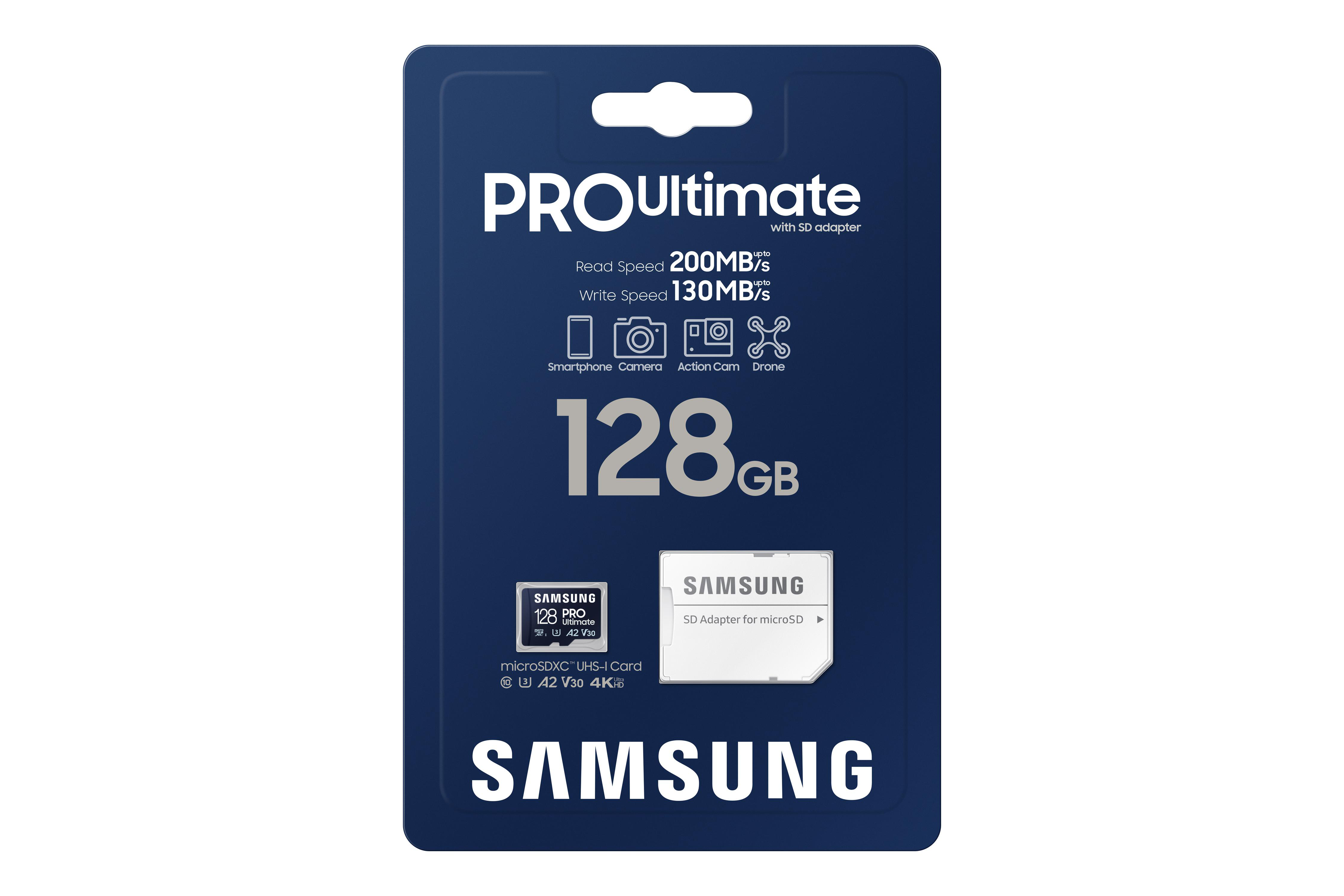 Blaue Samsung Pro Ultimate 128GB SD-Kartenverpackung mit Adapter, Spezifikationen und Logo.