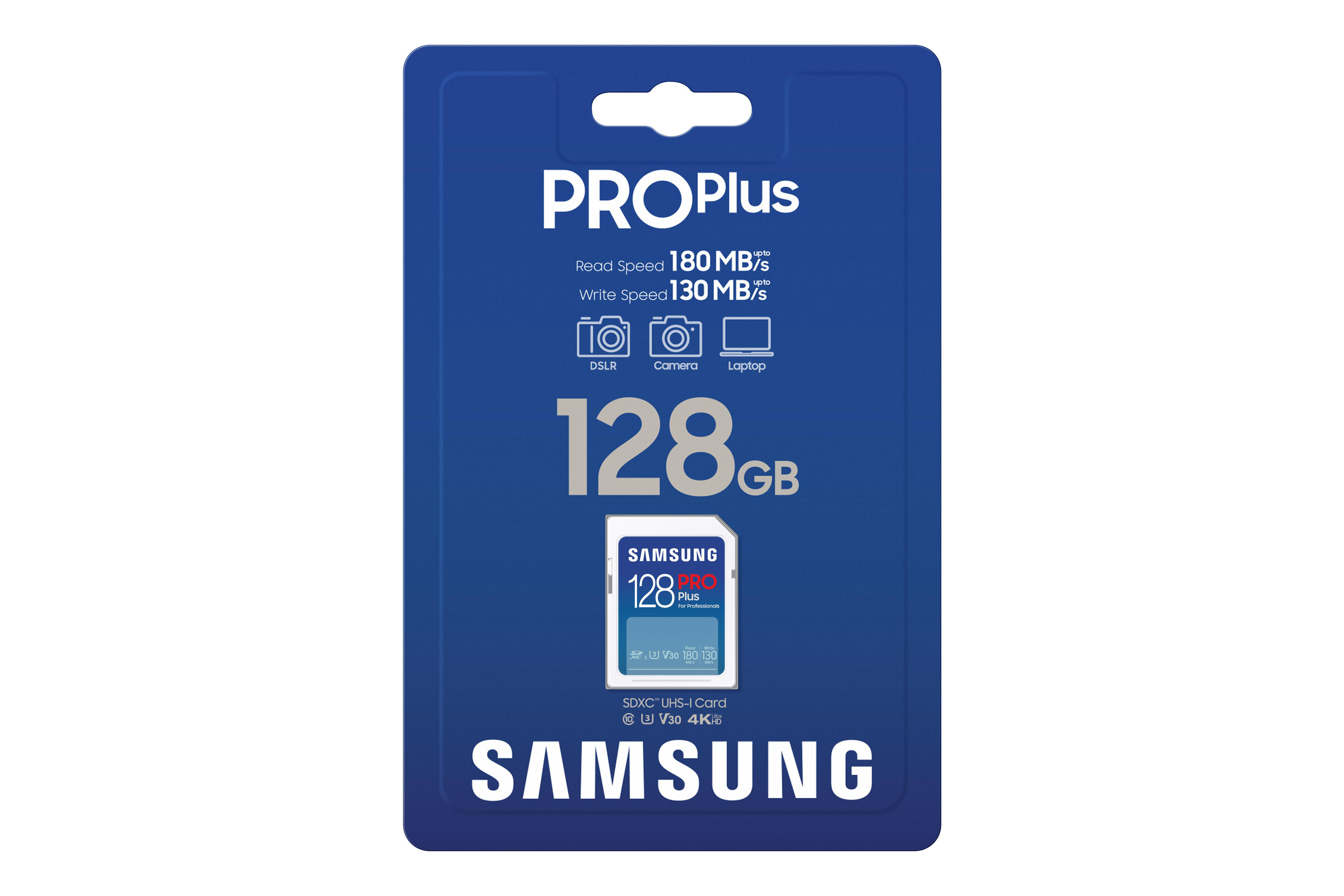 Samsung 128GB PRO Plus SD-Karte in Verpackung, dunkelblauer Hintergrund.