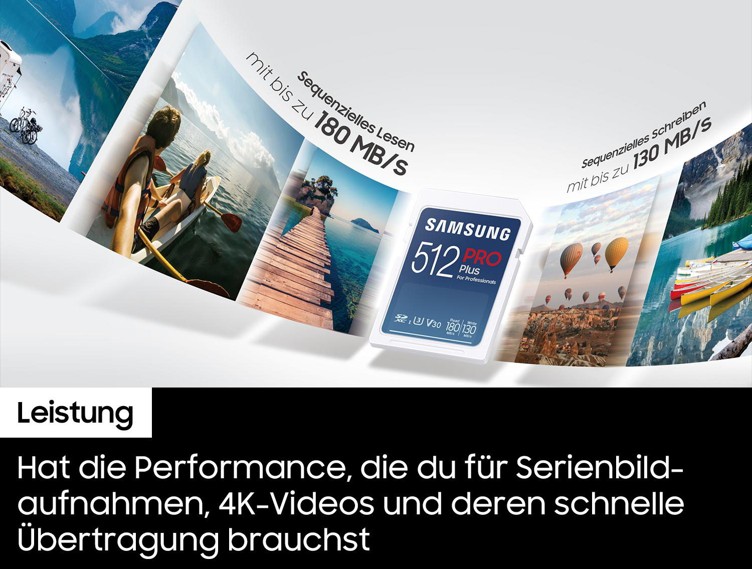 Bild mit Samsung SD-Karte und deutschem Text zu Leistung und Geschwindigkeit.