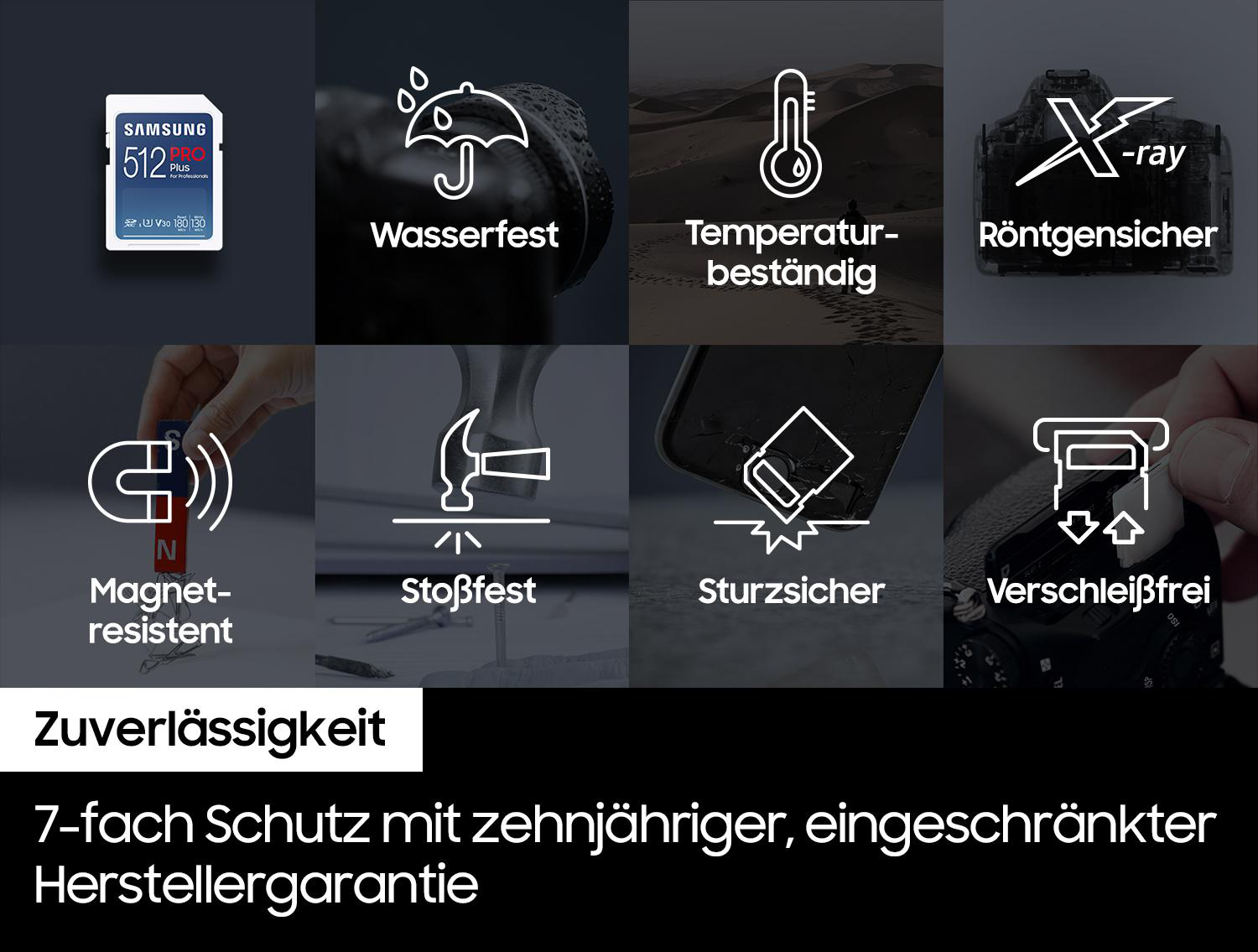 Bild mit Haltbarkeitseigenschaften einer Samsung SD-Karte mit Symbolen und Text.