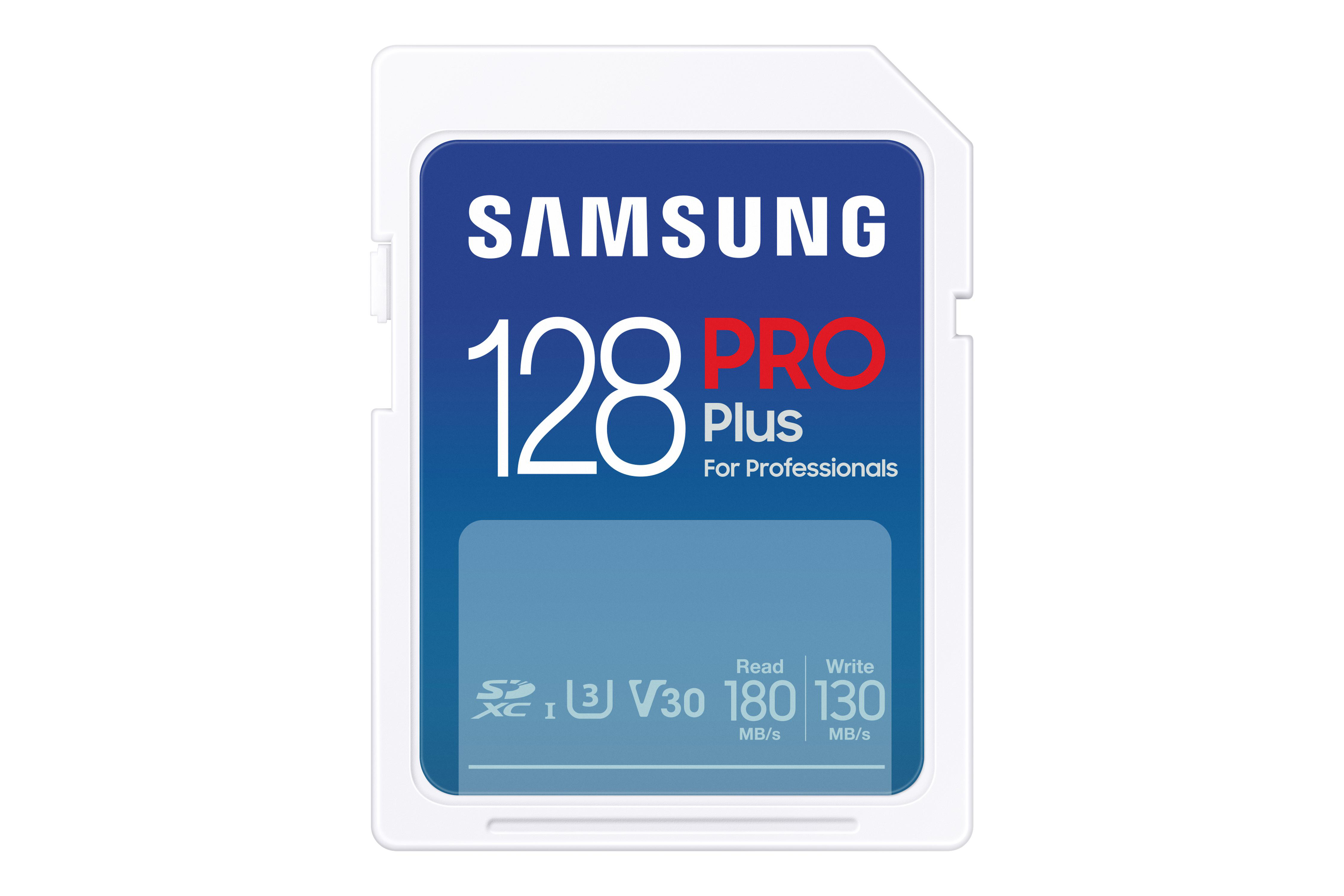 Weiße SD-Karte mit blauem Etikett. Text: 'SAMSUNG 128 PRO Plus'. Spezifikationen sichtbar.