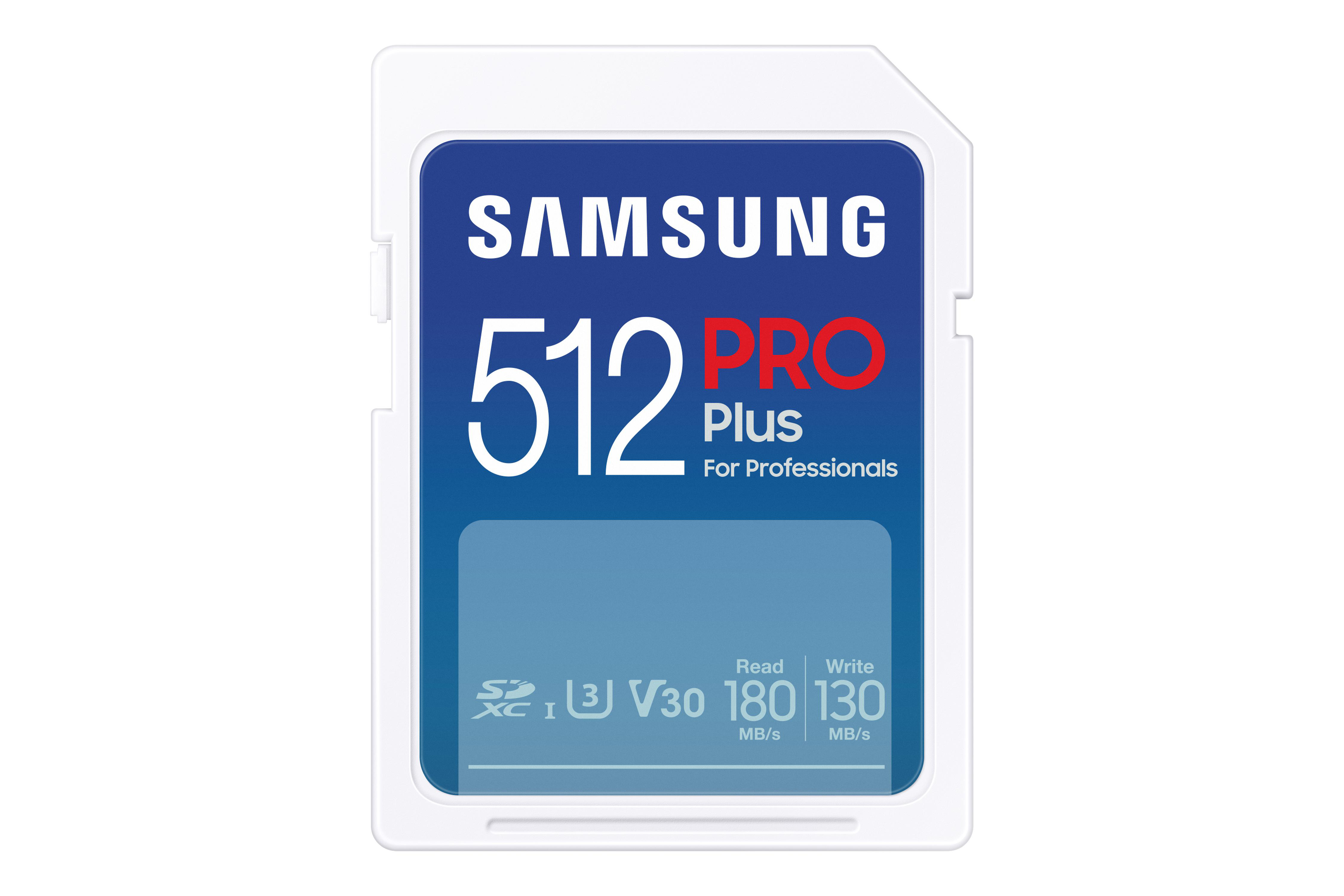 Samsung PRO Plus SD-Karte, weiß mit blauen und roten Details, weißer Hintergrund.