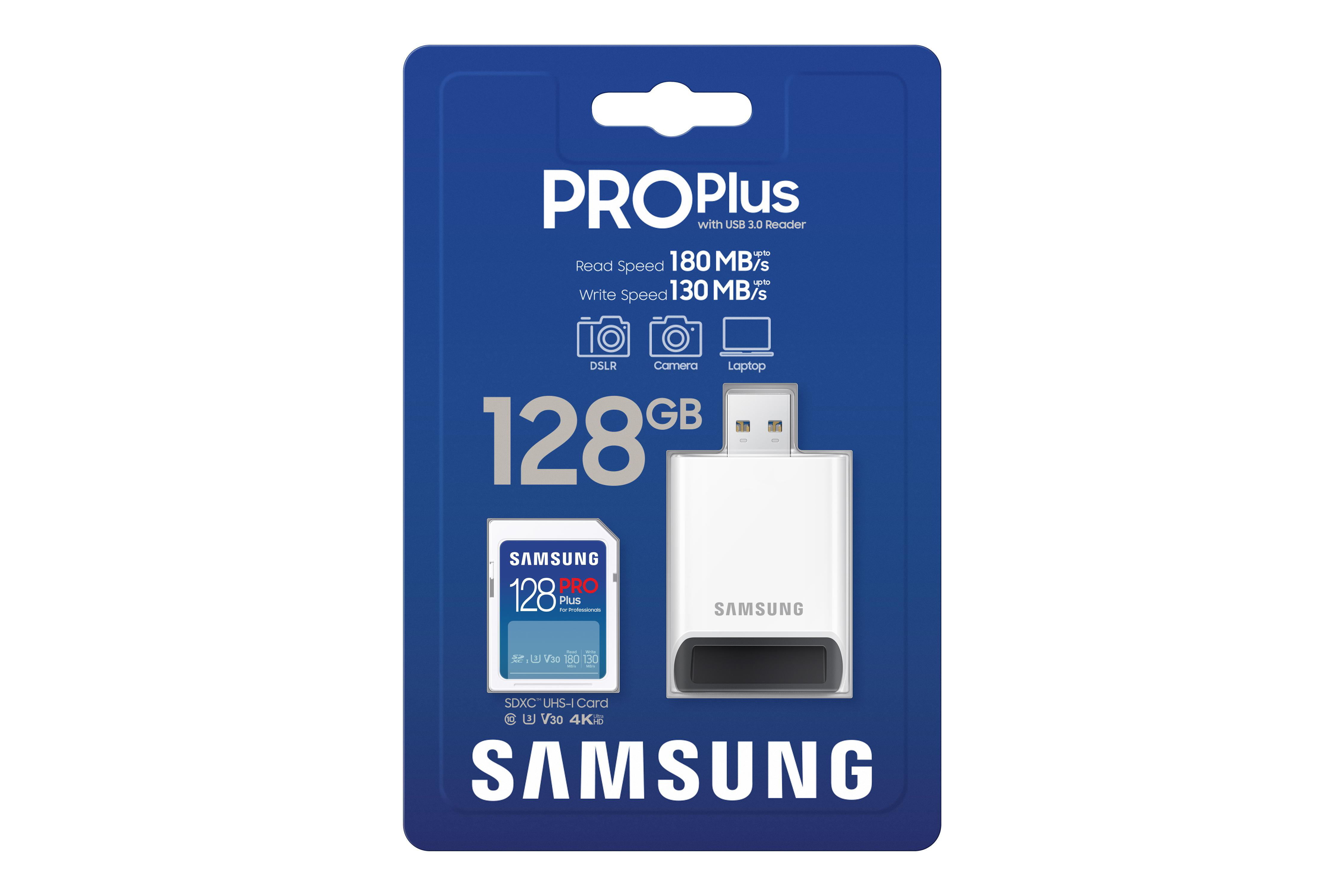 Verpackung der SD-Karte und des USB-Lesegeräts. Text: 'PRO Plus', '128 GB' und 'SAMSUNG'.