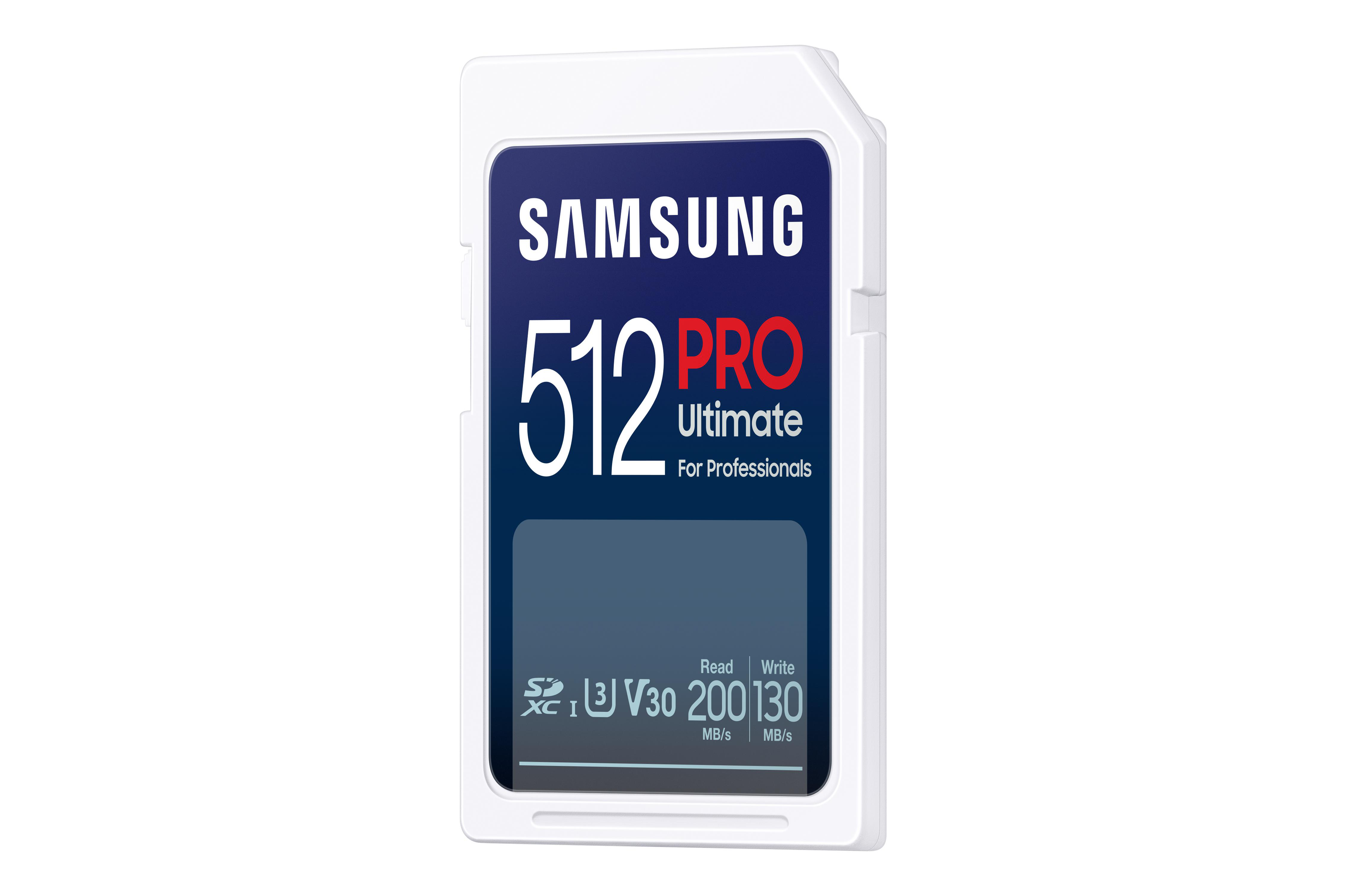 Weiße SD-Karte mit blauem Etikett. Text: 'SAMSUNG 512 PRO Ultimate'. Spezifikationen sichtbar.
