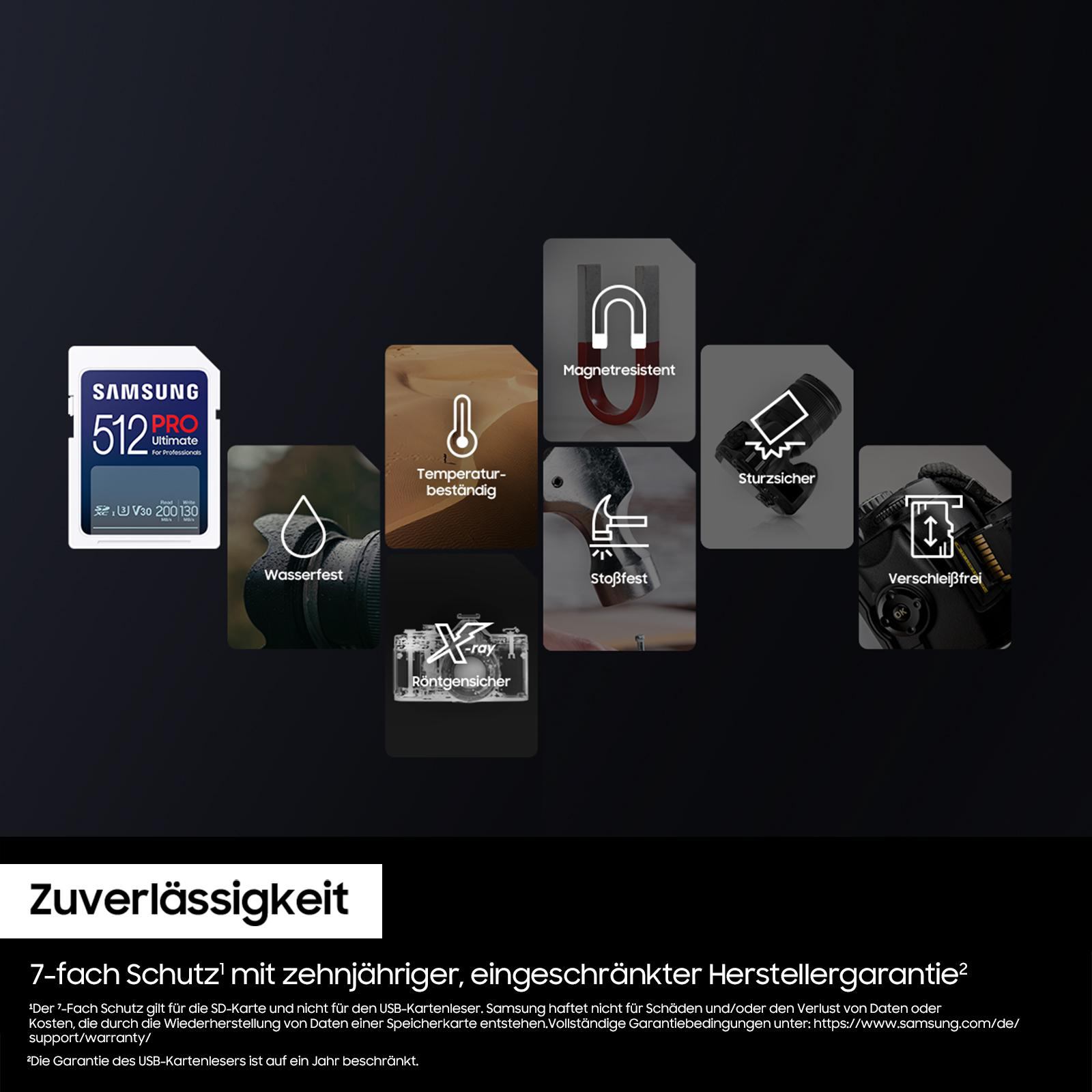 Eine Samsung SD-Karte mit Symbolen für Wasserbeständigkeit, Temperatur und andere Funktionen.