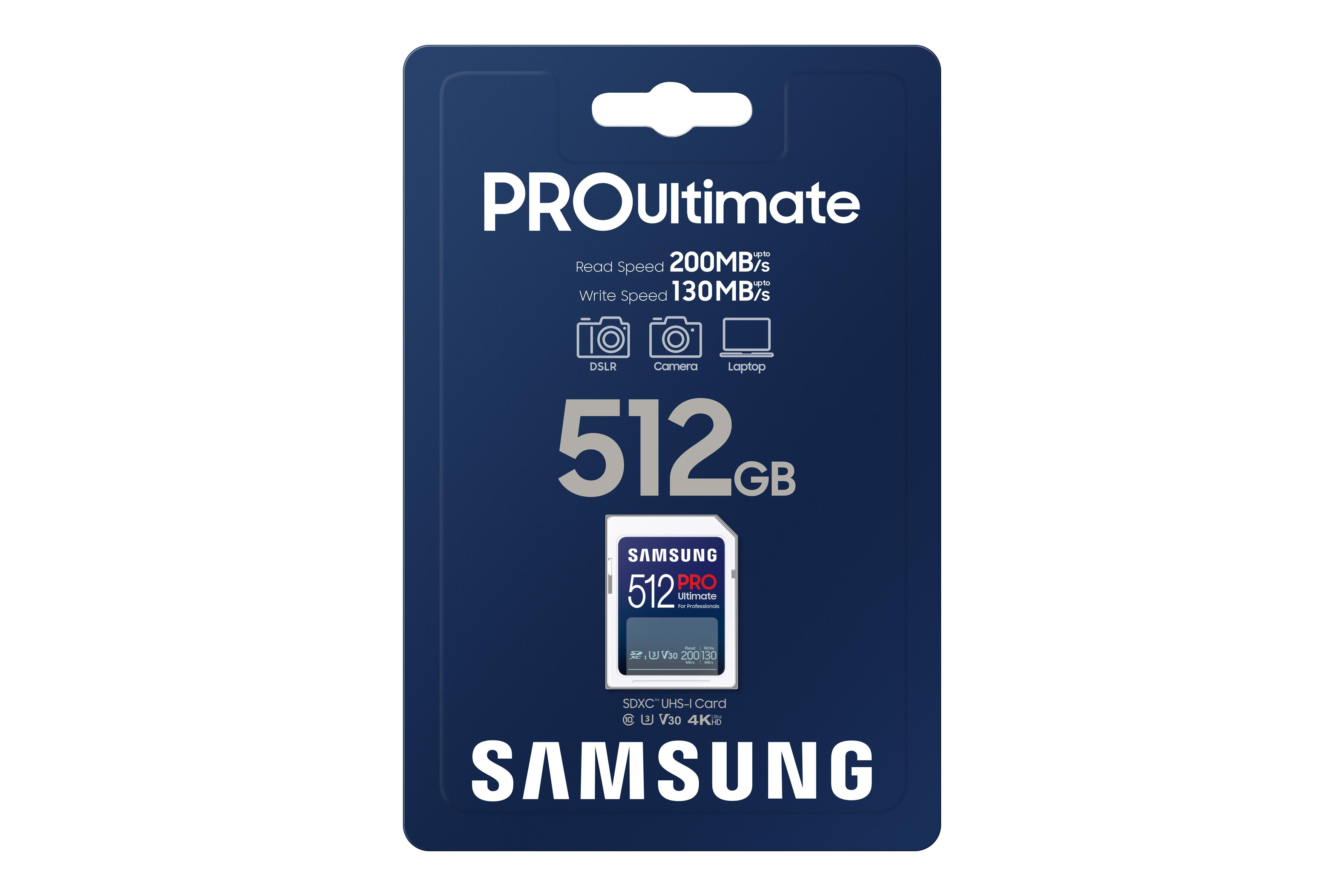 Verpackung der SD-Karte und des USB-Lesegeräts. Text: 'PRO Ultimate', '512 GB' und 'SAMSUNG'.