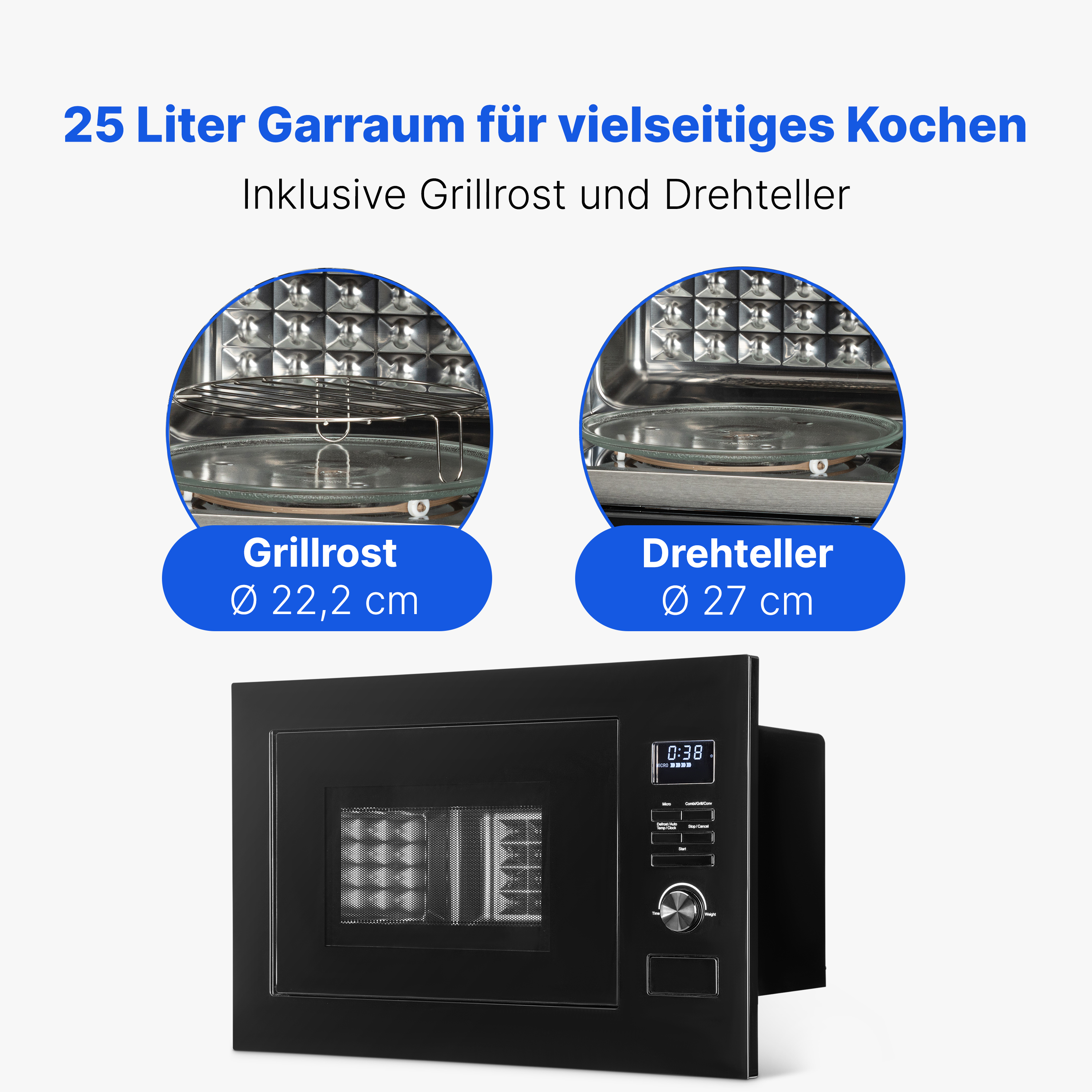 Schwarze Mikrowelle mit Ansicht des Innenraums, Grillrost und Drehteller.