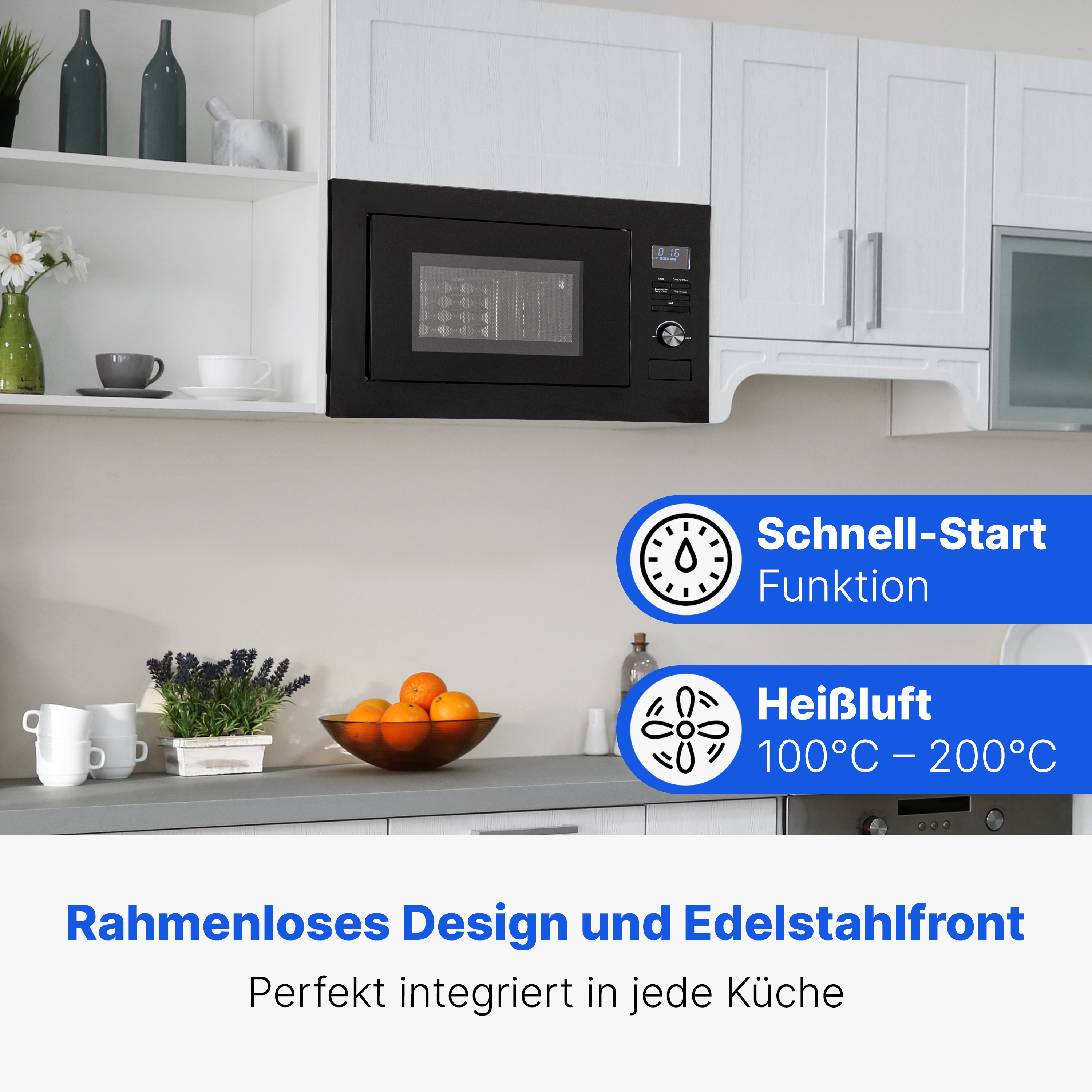 Einbau-Mikrowelle mit Schnell-Start und Heißluftfunktion.