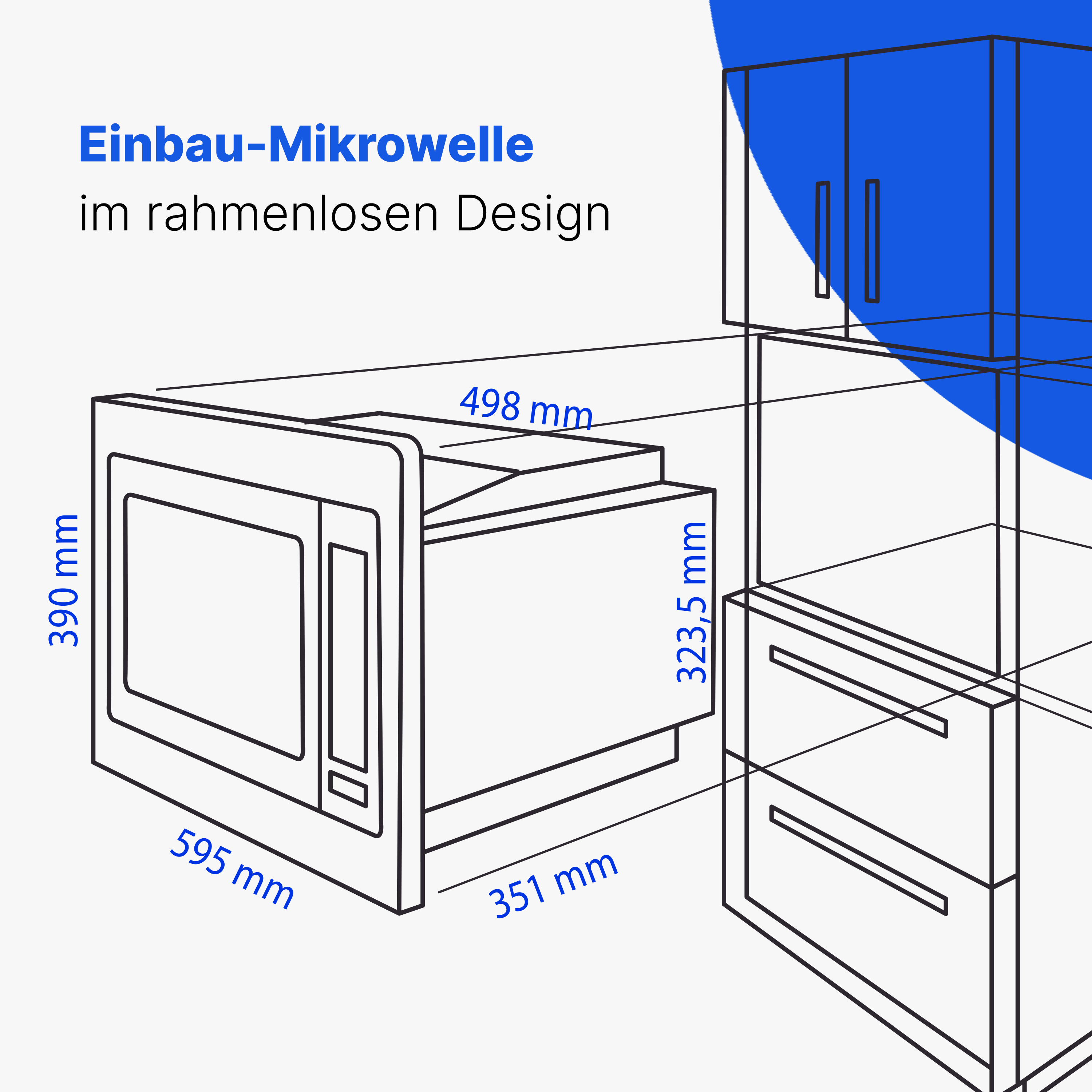 Einbau-Mikrowelle im rahmenlosen Design mit Maßen.