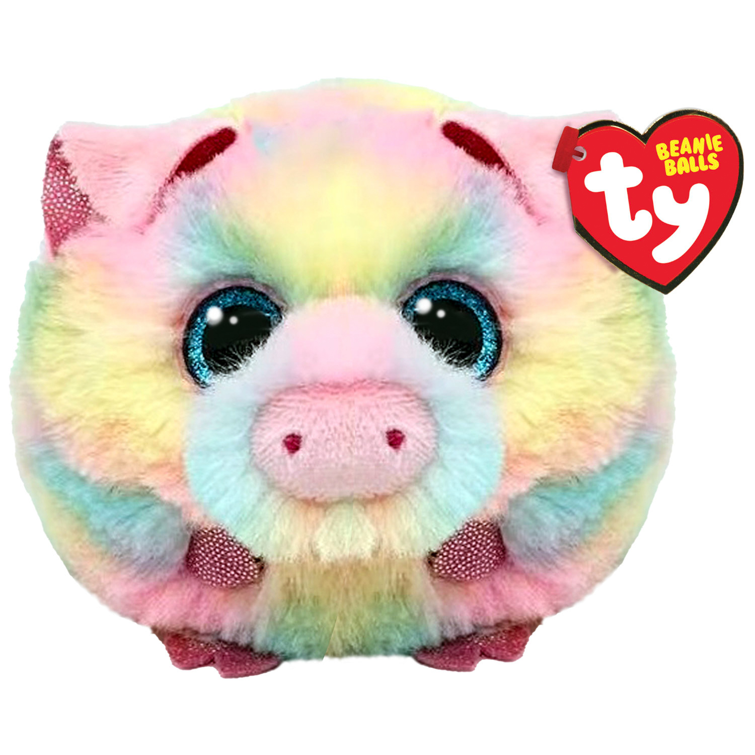 Ein buntes Schwein Beanie Ball Plüschtier mit rotem Ty Herz-Tag.
