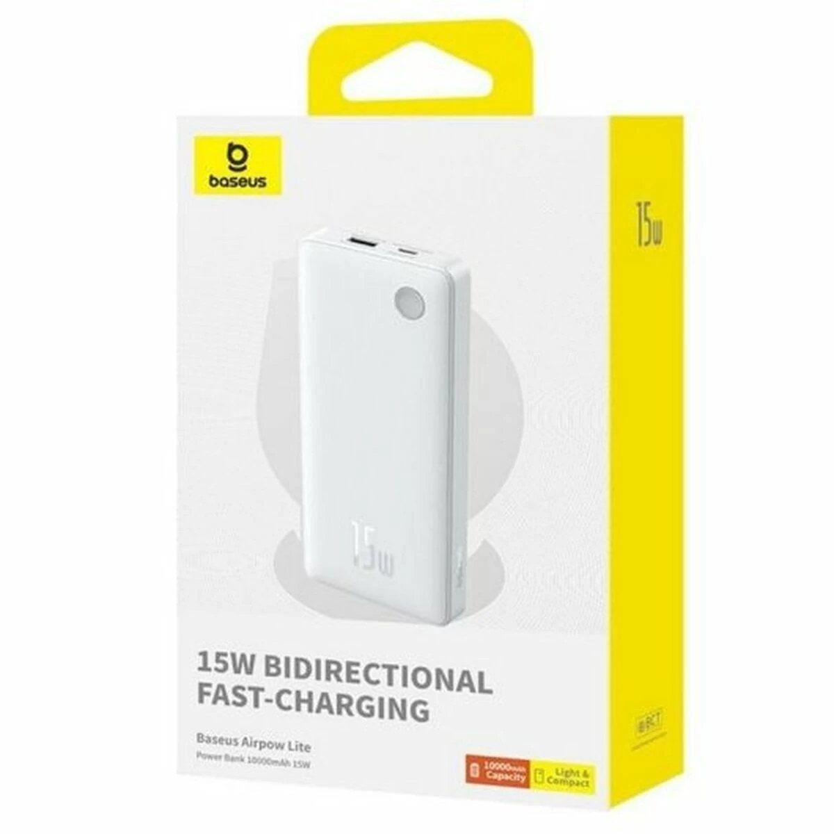Banco de energía Baseus Airpow Lite blanco en una caja con detalles amarillos. El texto dice 15W y carga rápida bidireccional de 15W.