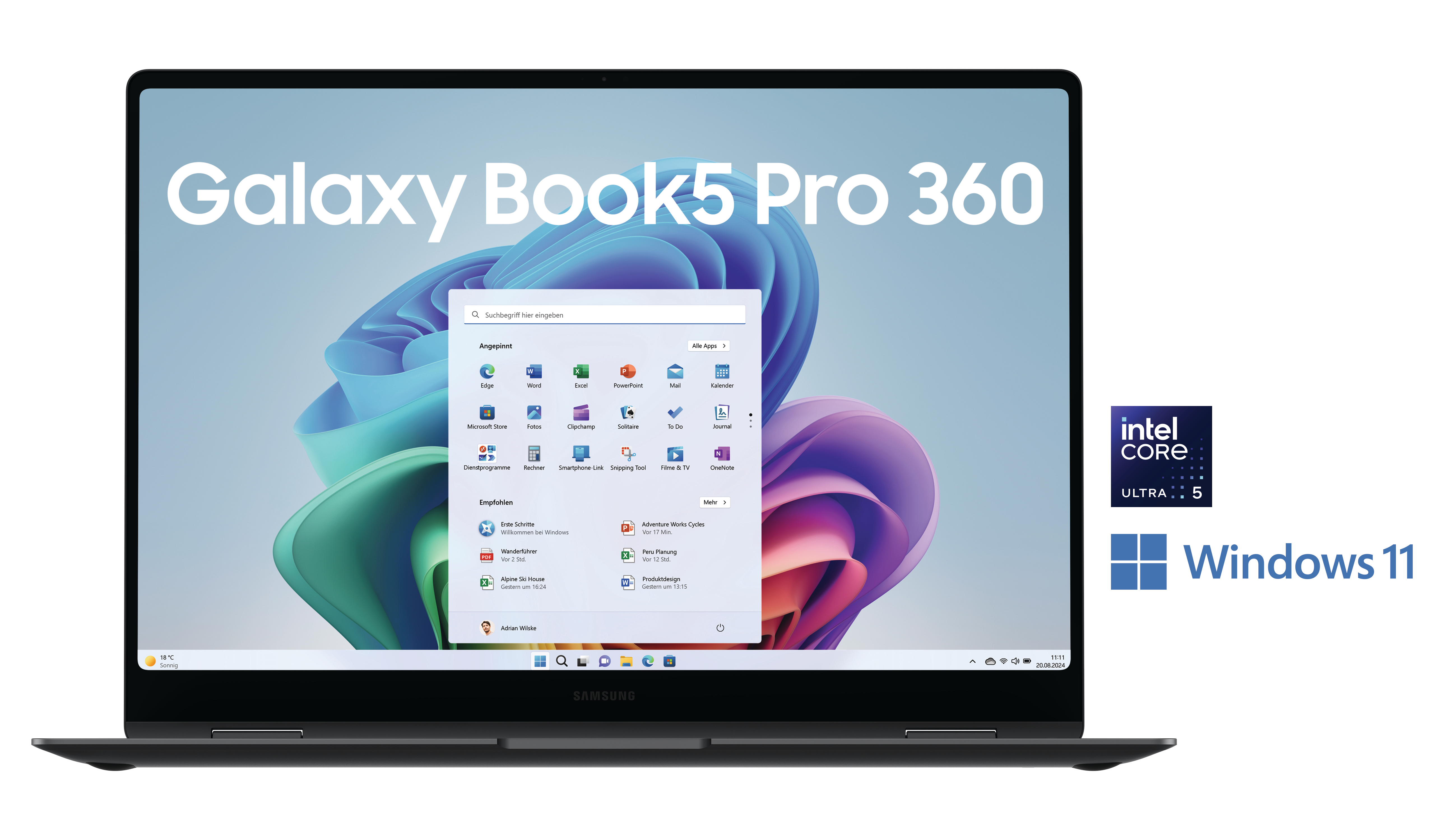 Ein Laptop mit einem Bildschirm, der eine App-Oberfläche und Logos auf weißem Hintergrund zeigt.